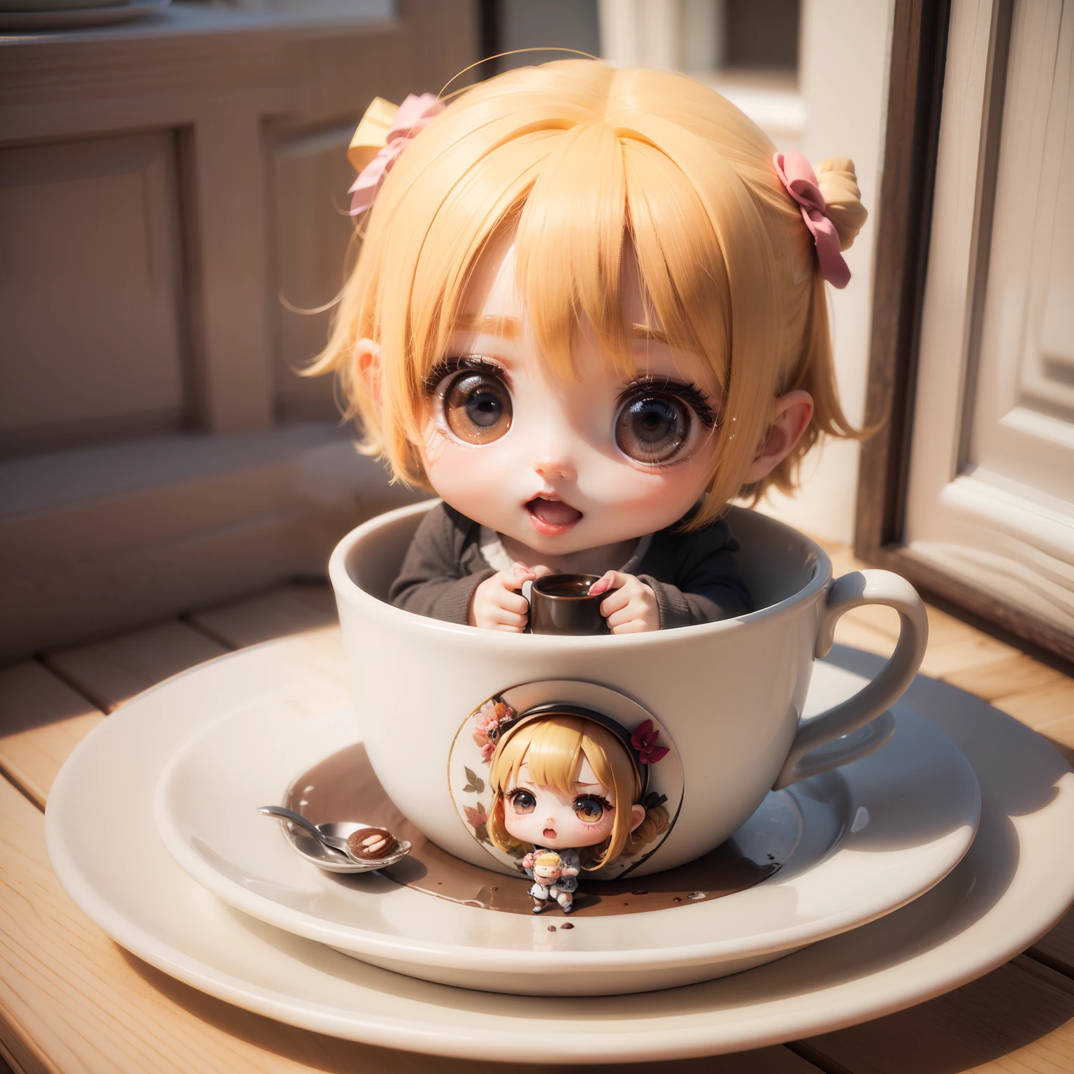 Cute Baby Chibi Anime、(((Chibi 3D))) (Best Quality), (masutepiece)、Chibi Open Cafe、outside of house、Coffee Cup、Next to it is a cake with a shortcut on the plate🍰、A detailed face、Fun、