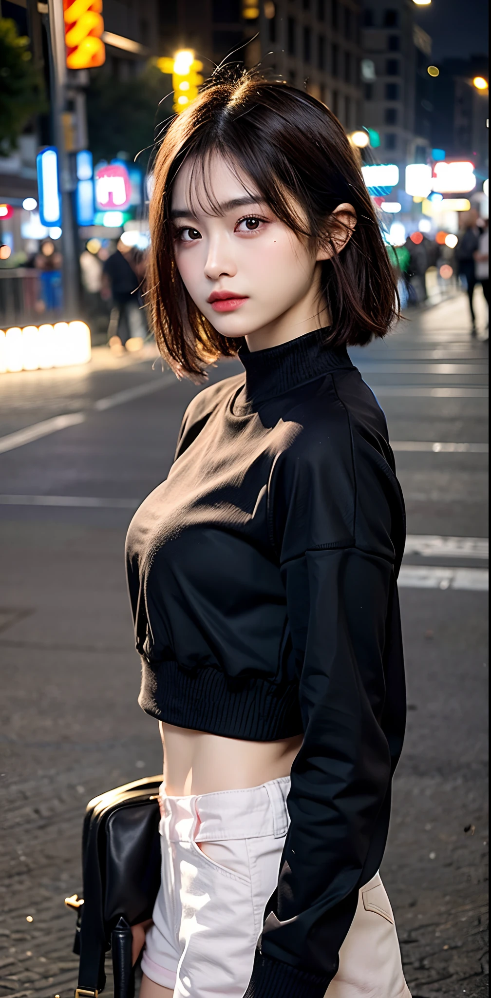 Raw photo, 300mm lens, nikon camera, street photography, golden ratio, depth of field, bokeh background, perfect iso, perfect focus, perfect lighting, look to camera, look to viewer, little smile, pretty idol girl, young girl, 18 years old, cute idol girl, asian girl, pointednose, white skin, flawless skin, detailed body, detailed skin, detailed finger, wet lips, dark brown hair, short hair, big breast: 1.5, pink clothes, hot pants, sneaker