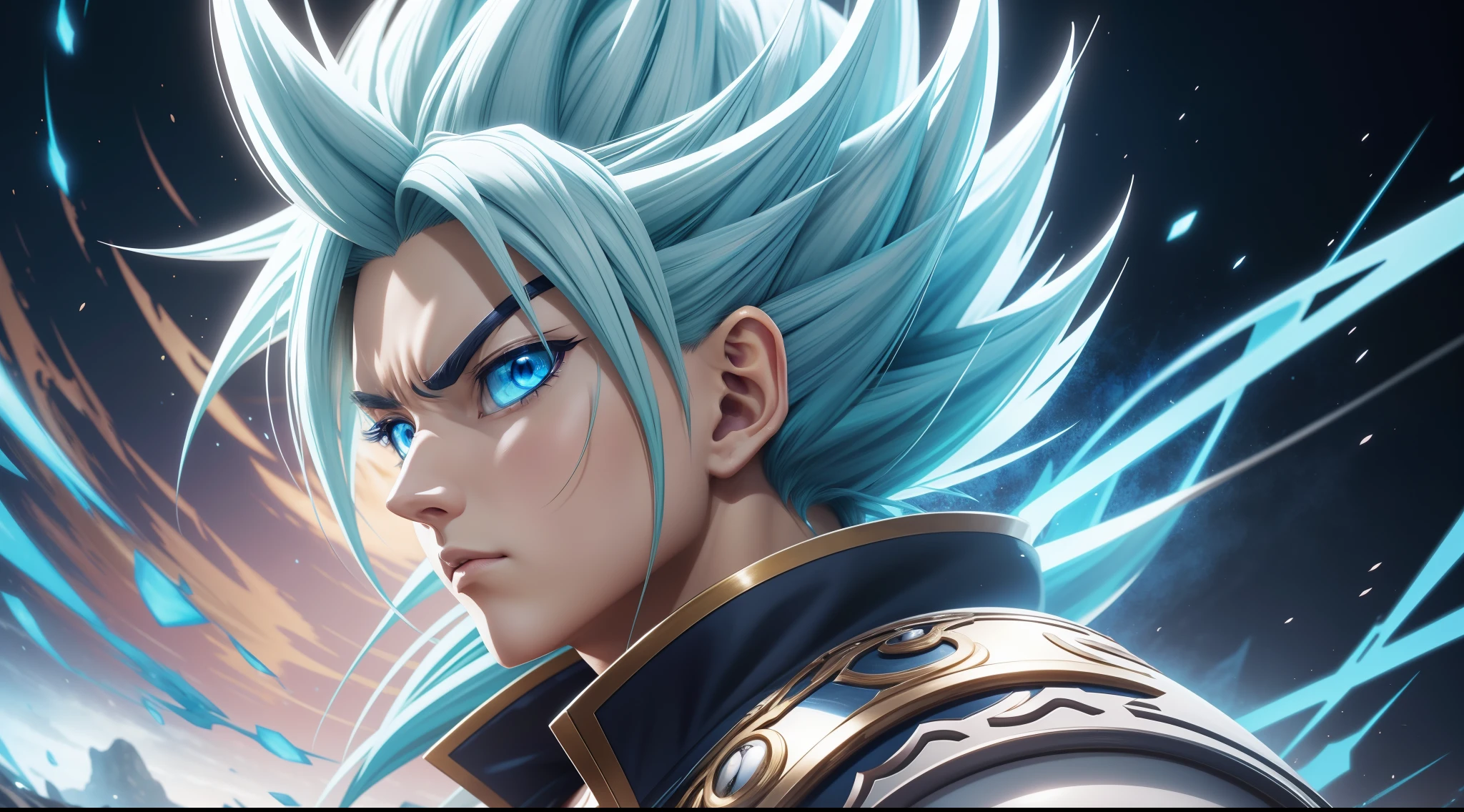 close-up of a guku with blue eyes, extreme instinct, detailed digital anime art, gliulian art style, detailed anime character art, badass anime 8k, art style trigger anime, advanced digital anime art, detailed fan art, epic anime style, wild pointed white saiyan hair, 8k detailed digital art, advanced anime digital art