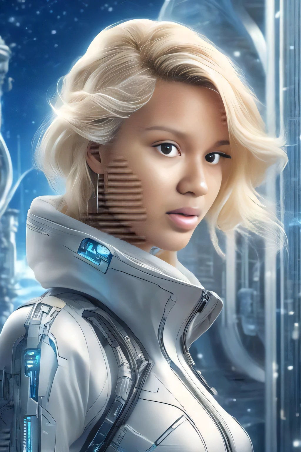 uma mulher em um terno futurista em frente a uma cidade futurista, Zoe Kravitz astronauta futurista, mulher scifi, in a scifi movie, Ciborgue - com cabelo prateado, inspirado em Eve Ryder, Zoe Kravitz como astronauta, filme ainda de um ciborgue legal, cyborg meninaa bonita, Retrato de uma mulher sci - fi, retrato bonito sci - fi girl
