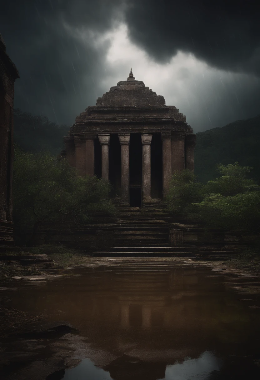 (Best quality, Masterpiece),( Dark sky, heavy rain, Inside an abandoned temple, Low water level stagnant water, ), Realistic background, 2112, Light*_black_Particle,