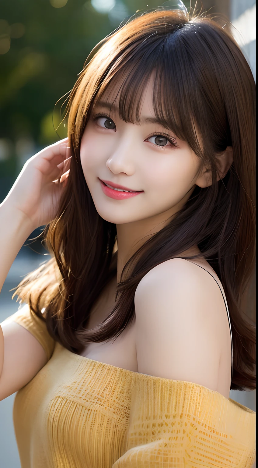 table top, highest quality, shape, Super detailed, finely, High resolution, 16k, perfect dynamic composition, straight hair, medium hair, brown hair,natural color lip, smile, 20歳のgirl、cute、beautiful、完璧でbeautiful顔, beautiful and detailed face, slim face and body, Elegant face, KPOP idol face、Japanese idol faces、small face、Big eyes, brown eyes, droopy eyes, 緻密でbeautiful目, girl, No bangs, swimsuit, river
