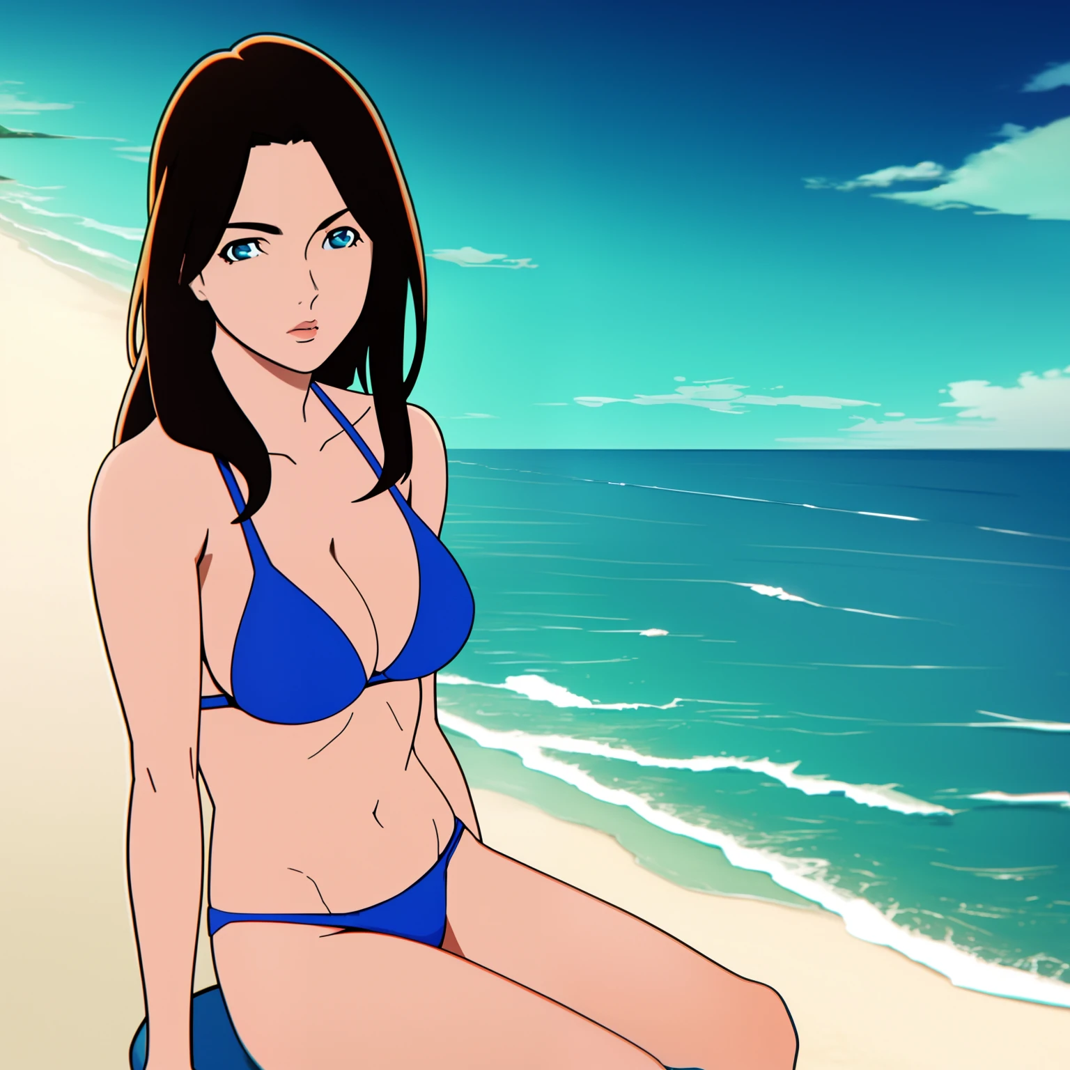 masterpiece, best quality,comic,detailed,cinematic composition, cinematic lighting,1girl,sitting,solo,beach,blue bikini,looking at viewer,cowboy shot ,Beautiful Art Style,ultra-detailed