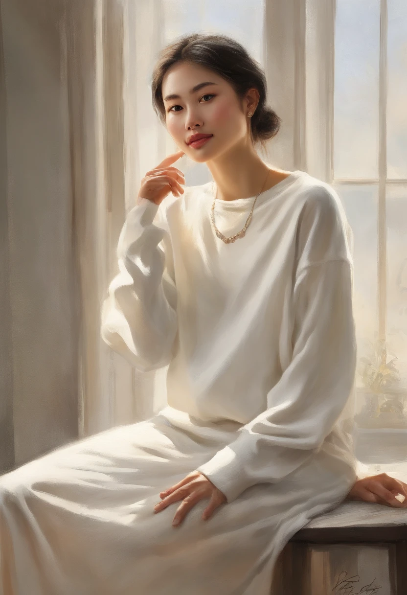 ((of the highest quality, 8K,Raw photo)), (Realistic, Photorealistic: 1.37), (Face Focus: 1.1), Small breasts, flat chest, Short hair, A Japanese Lady、20yr old、Japan idol system、(white sweatshirt: 1.1)、Skirt, Sitting, Arms up, From below, Sunlight, Movie Lighting,