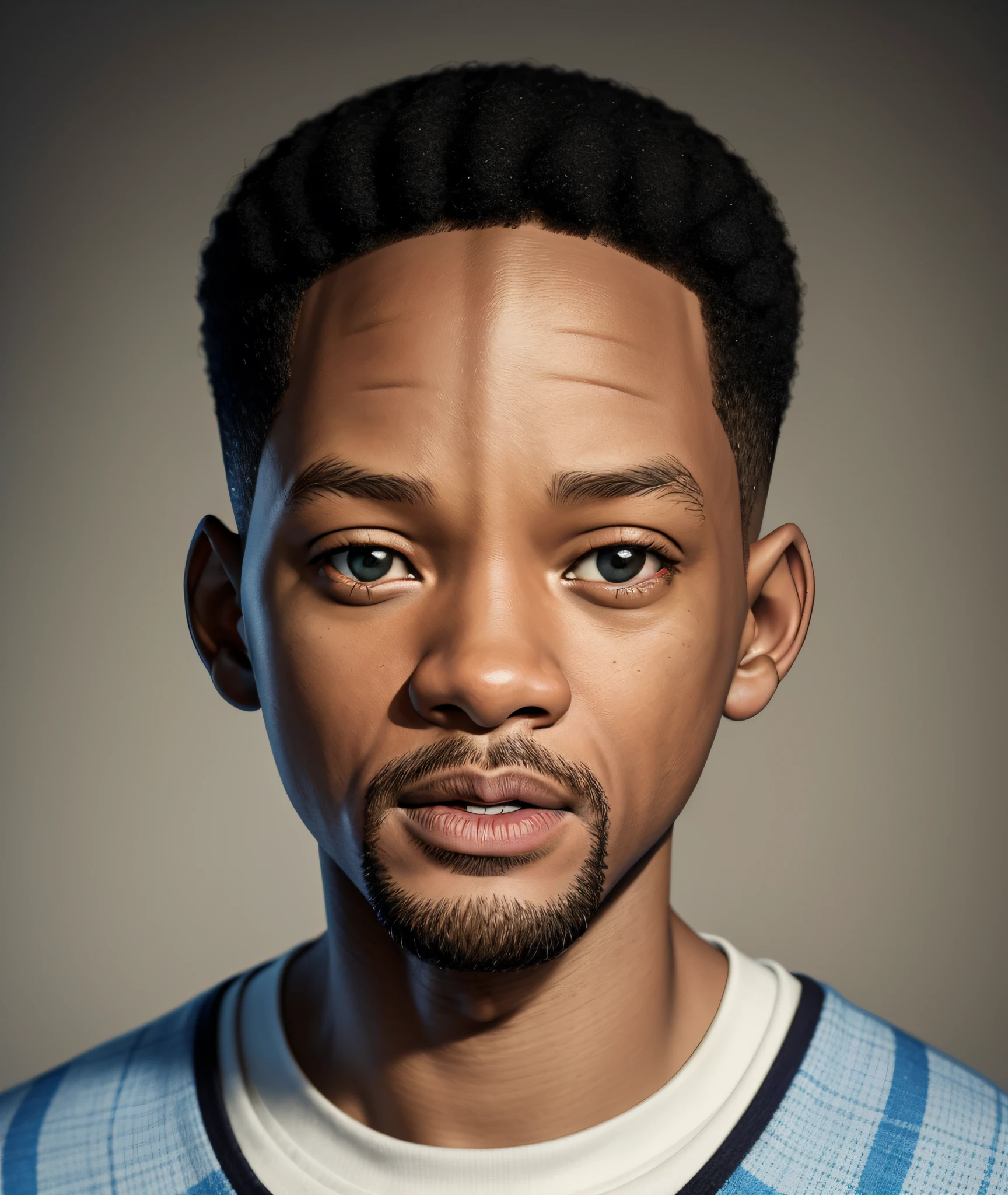 A cartoon portrait of 1 boy, Will Smith, looking at the camera, making eye contact. The portrait should be in high resolution, with intricate details resembling a passport photo. The image should be centered and showcase wonderful details.