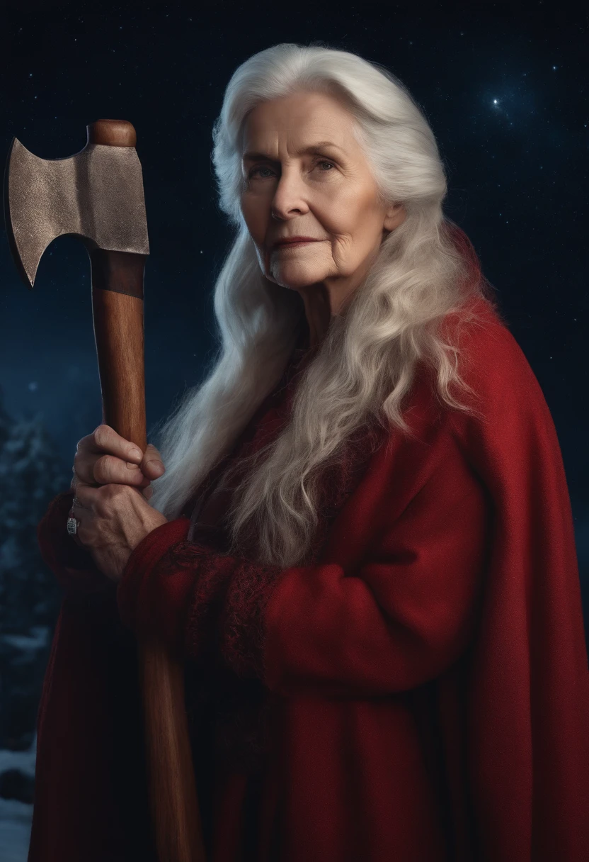 Old Woman,Cold,holding an axe,Redcoat,long whitr hair,starryskybackground,4K,Realism