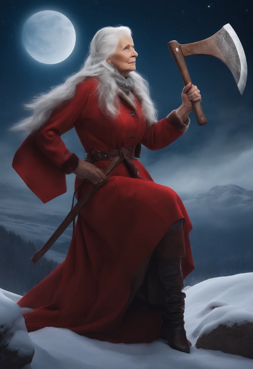 Old Woman,Cold,holding an axe,Redcoat,long whitr hair,starryskybackground,4K,Realism