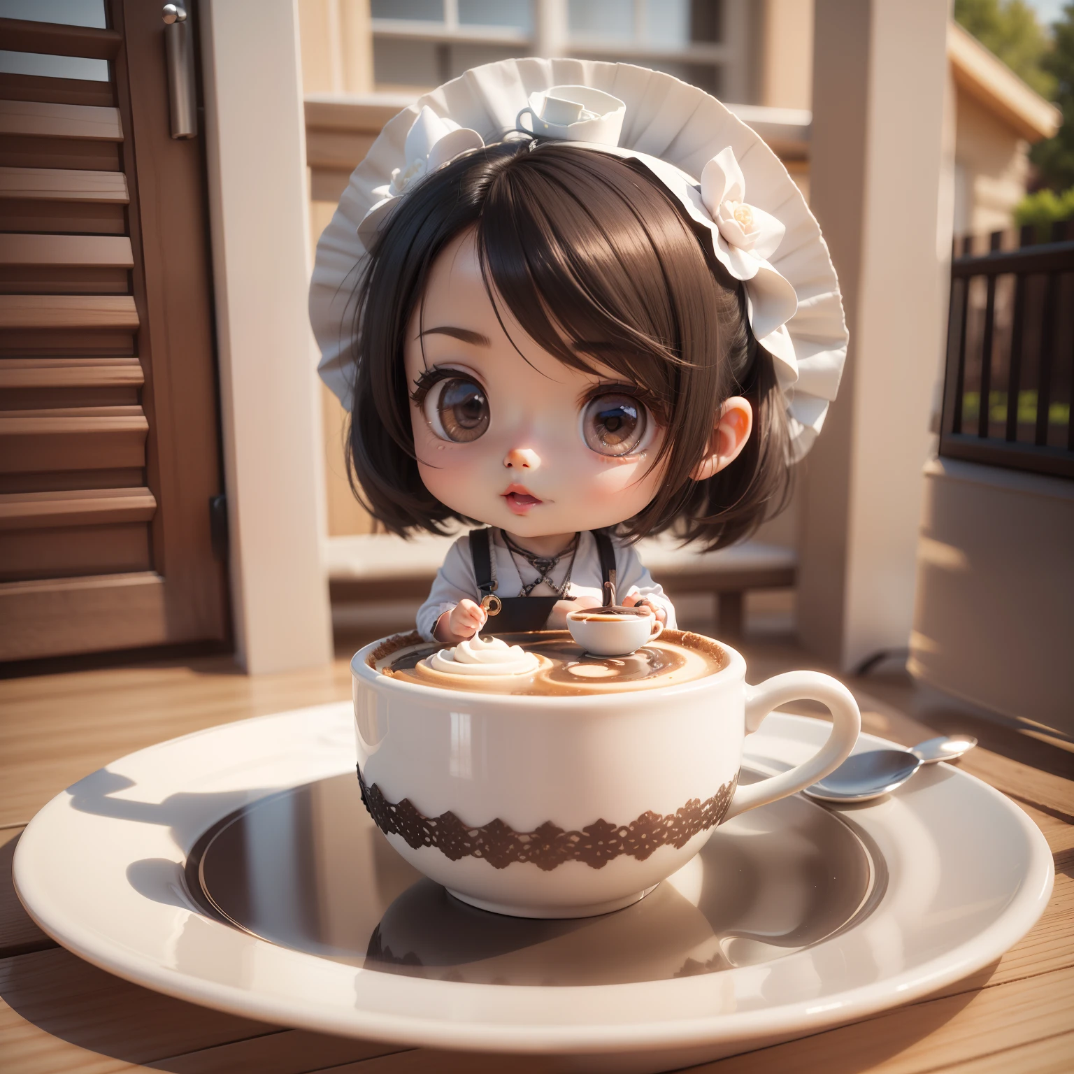 Cute Baby Chibi Anime、(((Chibi 3D))) (Best Quality), (masutepiece)、Chibi Open Cafe、outside of house、Coffee Cup、Next to it is、Cake on a plate🍰、A detailed face、Fun、Standing