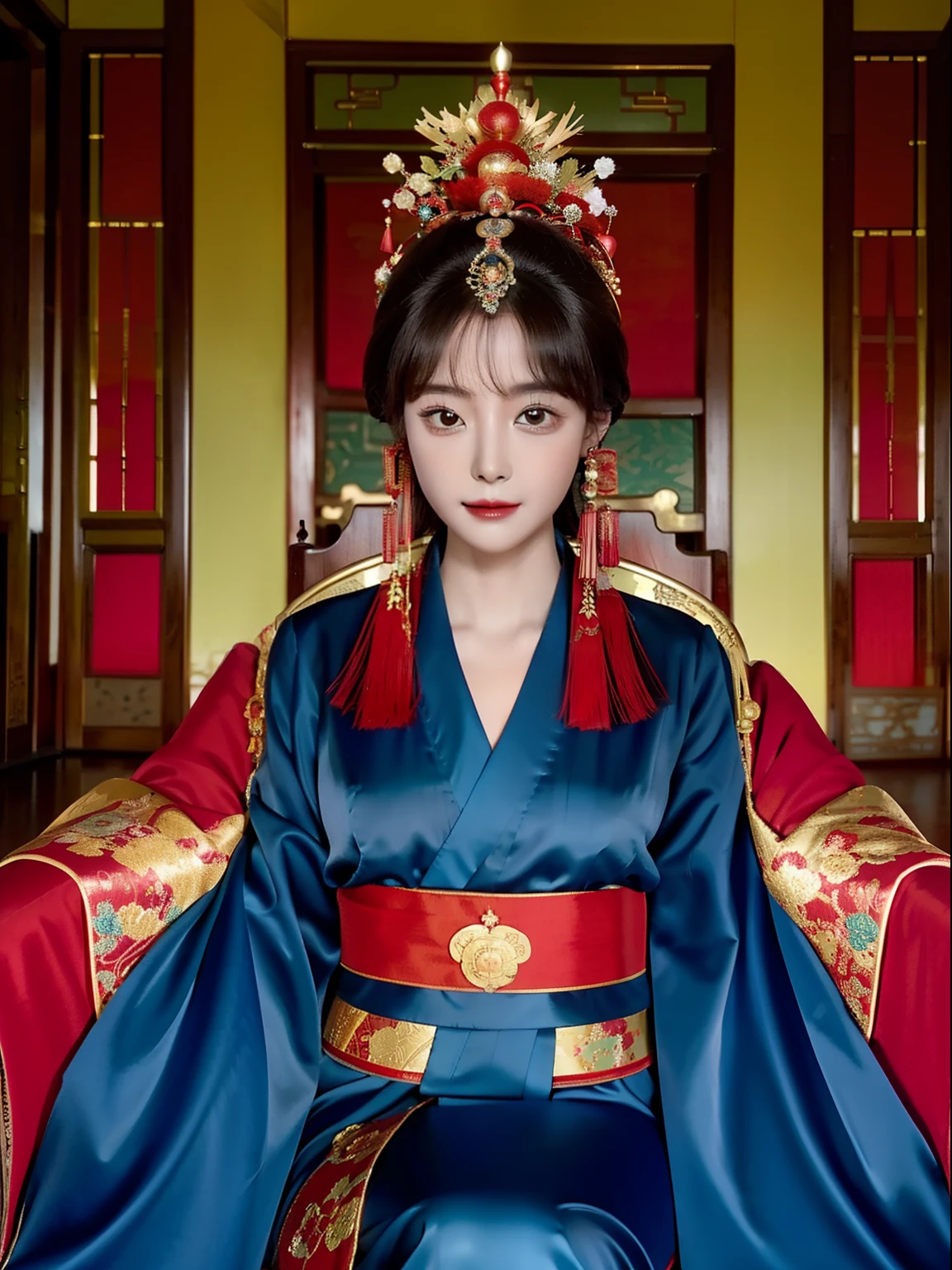 Top image quality,movie camera,Beautiful 20-year-old princess in the Chinese royal palace,Wearing a gorgeous red Chinese kimono,Ancient Chinese gorgeous hair ornament on head,Live in China's ancient royal palaces,Sitting in the Queen's Chair,elegant look,I'm looking at you with a scary face.,Full body portrait,Stylish art,