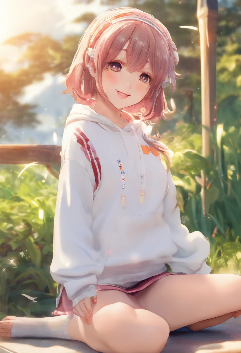 ((of the highest quality, 8K,Raw photo)), (Realistic, Photorealistic: 1.37), (Face Focus: 1.1), Small breasts, flat chest, Short hair, A Japanese Lady、20yr old、Japan idol system、(white sweatshirt: 1.1)、Skirt, Sitting, Arms up, From below, Sunlight, Movie Lighting,