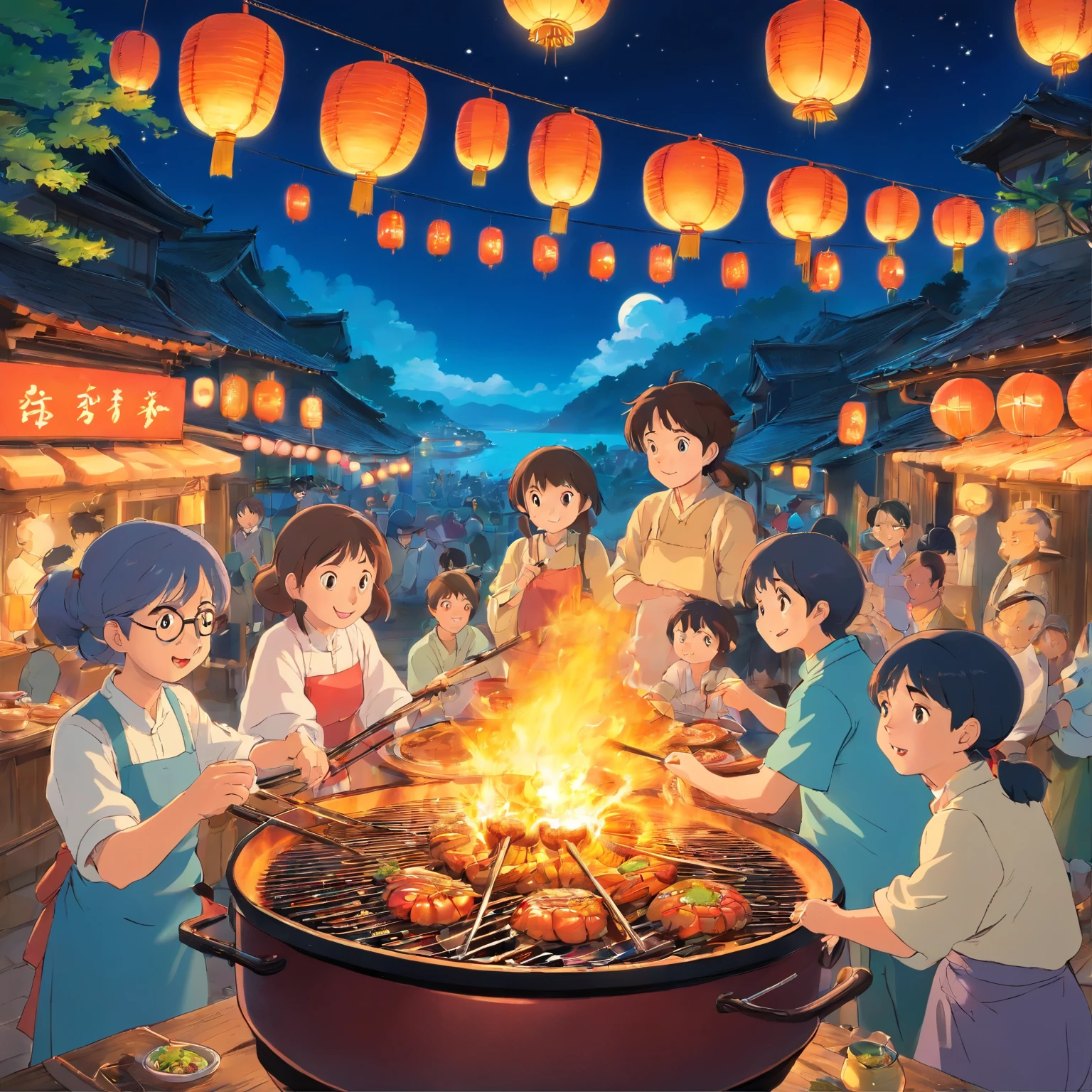 Mid-Autumn Festival,the night,barbecue,lots of people,Brightly lit