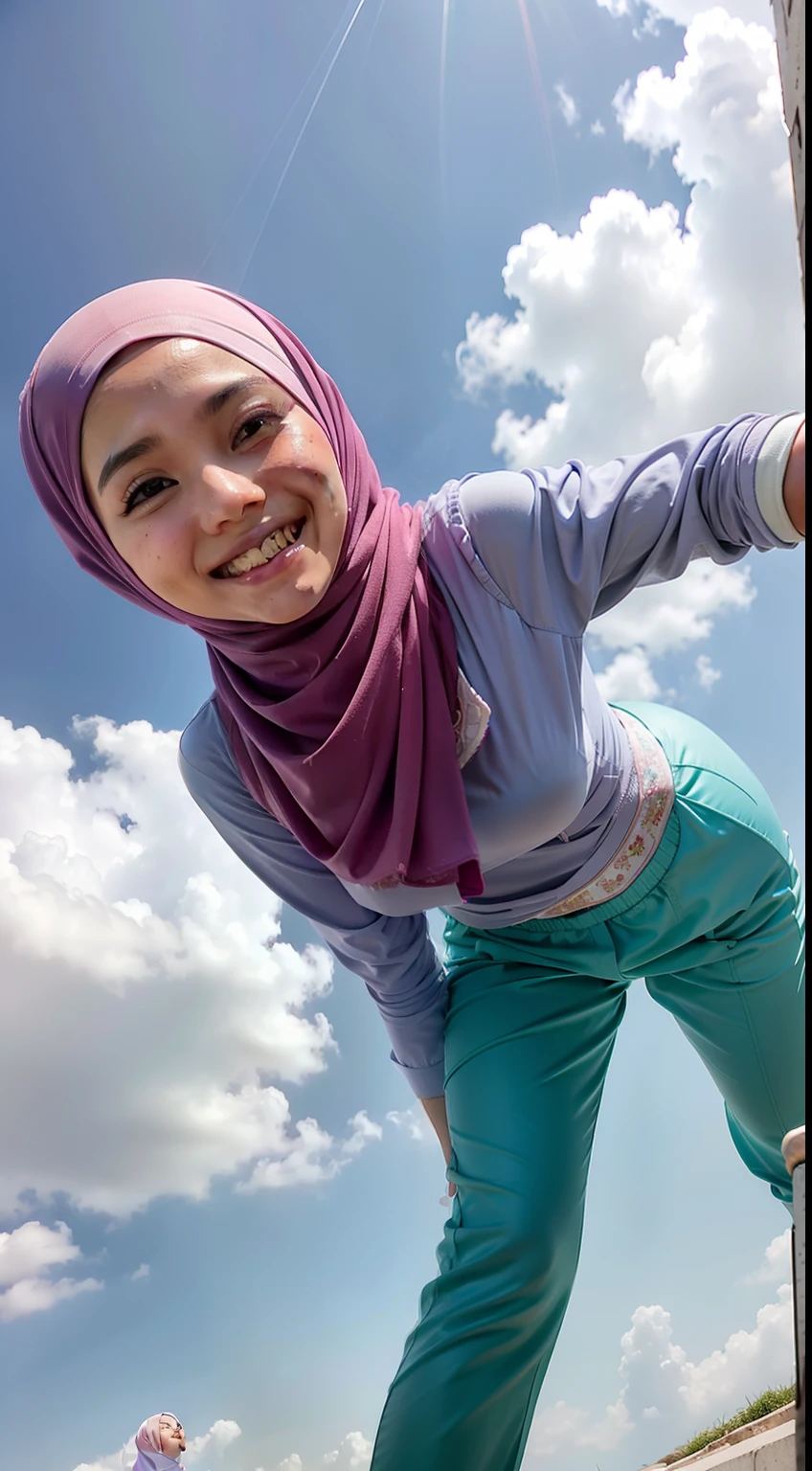 1 malay girl in pastel blue color hijab, dynamic angle, soft laughter, unique appearance, long sleeve tshirt, high waist leggings, ((view from below looking up)), (look down at the camera and smile). Afternoon,
