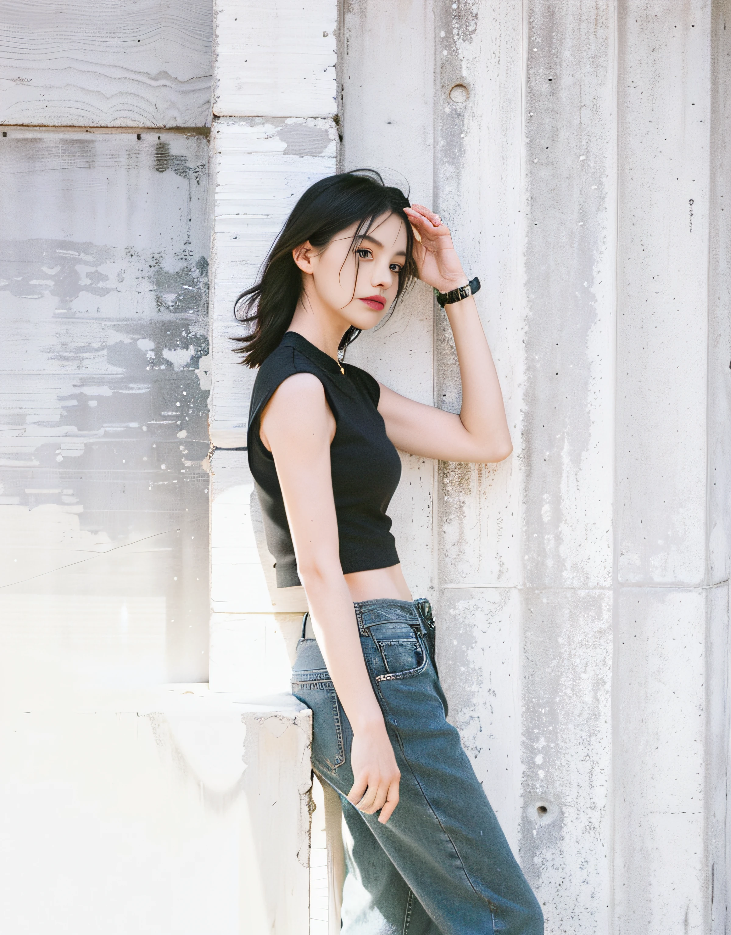 Allard woman in black shirt and pants standing on the sidewalk, with ripped crop t - shirt, wearing a cropped black tank top, wearing sexy cropped top, Black top, wearing a black cropped tank top, Thin waist, Wearing a black T-shirt, back stance, Back - View, Wearing a black T-shirt, wearing a crop top, posterior view
