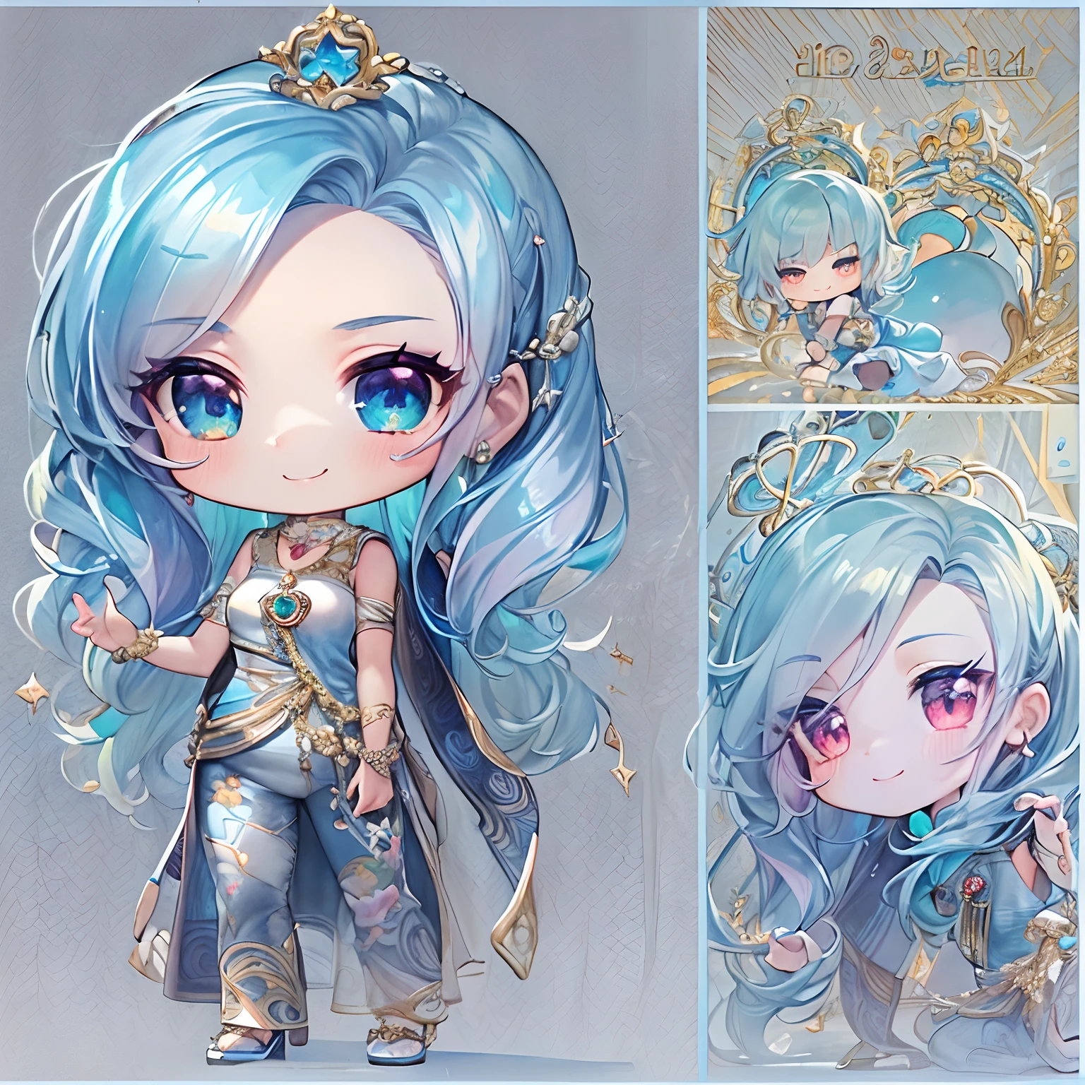 (Chibi:1.5)((masutepiece, of the highest quality, Watercolor art (Pendants), Beautiful and aesthetic: 1.2)), (Golden ratio: 1.2), (Full body: 1.2), (Super Detail: 1.3), (1 girl in: 1.3), (Fractal Art: 1.3), (Glitter Pupil)),(eye glass:1.5) ,(Iridescent hair, Colorful hair, Half light blue and half pink hair: 1.2)), (Heterochromia), (Colorful: 1.5), (((Shy face)), (full body Esbian), (Hyper-detailing), ((delicate detail)), (intricate-detail), ((Cinematic Light, Highest quality backlight)), High contrast, ((The best lighting, Very delicate and beautiful)), (( Cinematic Light)), (ray trace reflection, Glow), (((glowing aura)), ((Glowing hair)), ((Super Detail)), (8K)), ((a closeup)), ((Seductive smile)) ,((FULL BODYSHOT))、(Chibi:1.5)