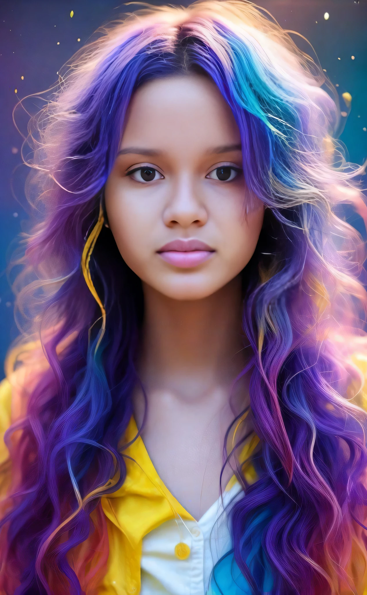 uma menina com longos cabelos roxos e azuis com uma jaqueta amarela, tons de azul e roxo, colorido bonito, cabelos coloridos, cabelos vibrantes, cor vibrante, longos cabelos coloridos brilhantes, bonito e colorido, cores frescas vibrantes, psychedelic hair, purple flowing hair, vivid ultraviolet colors, cor vibrante!, cabelos multicoloridos, cor roxa e azul, com cores lindas