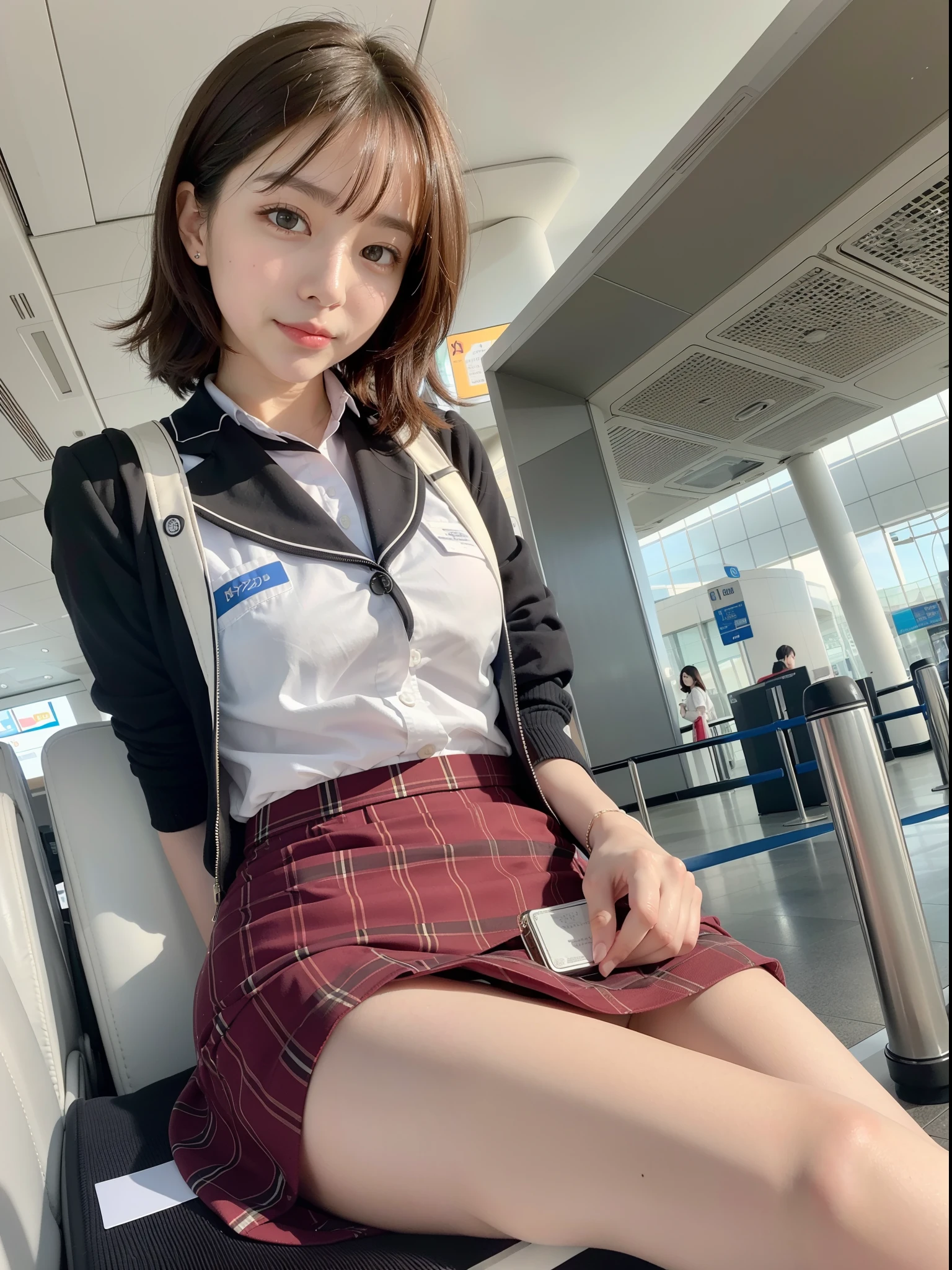 ((of the highest quality, 8K, masutepiece: 1.3, Raw photo)), Sharp Focus: 1.2, (1 AESPA Girl :1.1), Solo, (Realistic, Photorealistic: 1.37), (Face Focus: 1.1), Cute face, hyperdetailed face, Short messy hair, Small Smile, Small breasts, flat chest, (flight attendant uniform, skirt: 1.1), Thigh, (airport, terminal: 1.2), flower