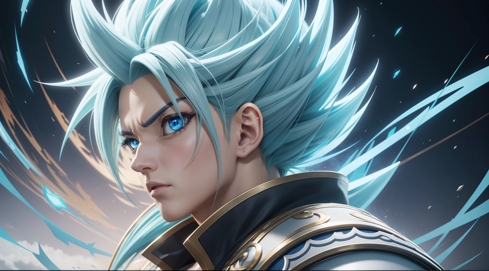 close-up of a guku with blue eyes, extreme instinct, detailed digital anime art, gliulian art style, detailed anime character art, badass anime 8k, art style trigger anime, advanced digital anime art, detailed fan art, epic anime style, wild pointed white saiyan hair, 8k detailed digital art, advanced anime digital art