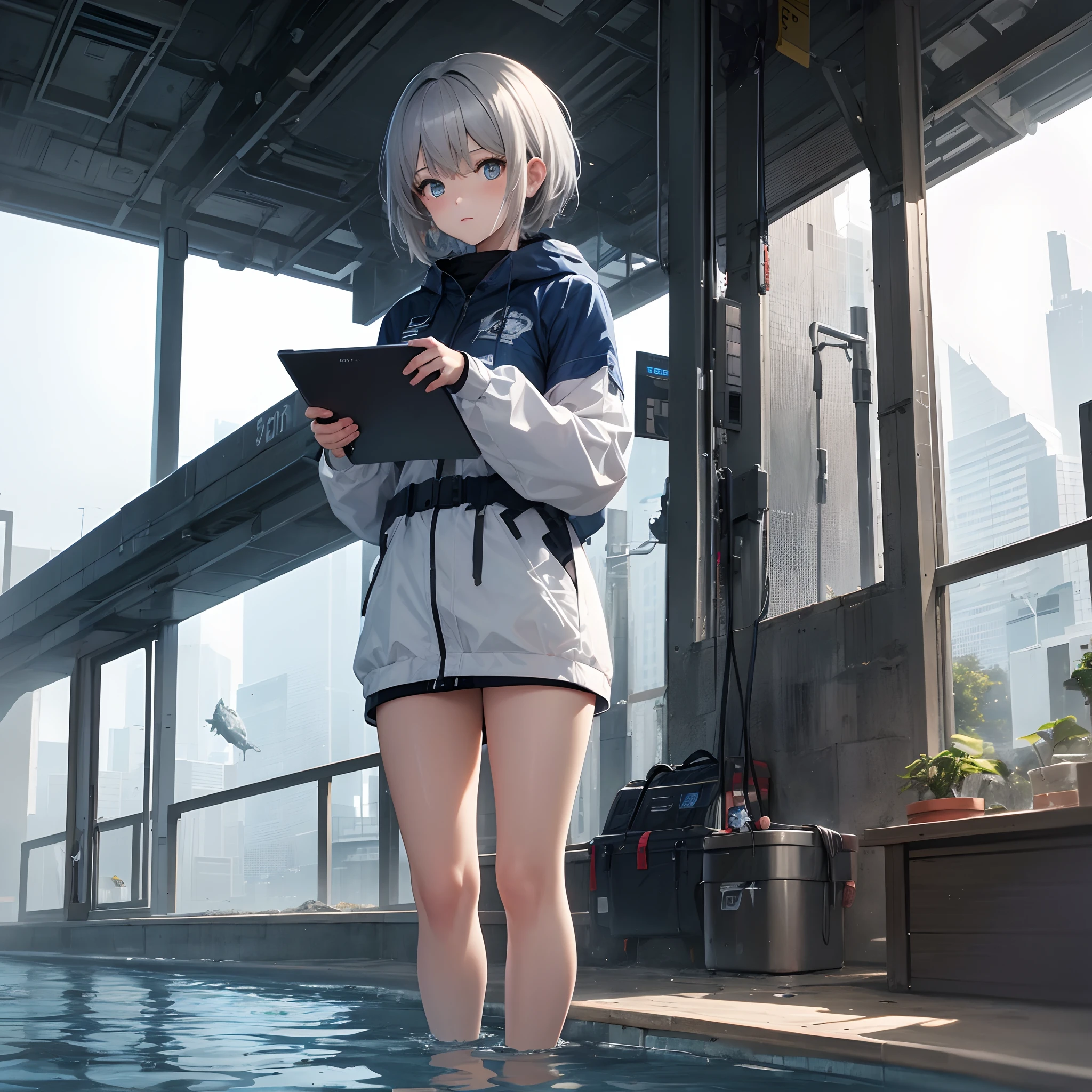 1girl, short gray hair, blue eyes, wearing sci-fi clothes,ask to follow, aquatic sci-fi, absurdres, high res, ultrasharp, 8K, masterpiece, looking at viewer