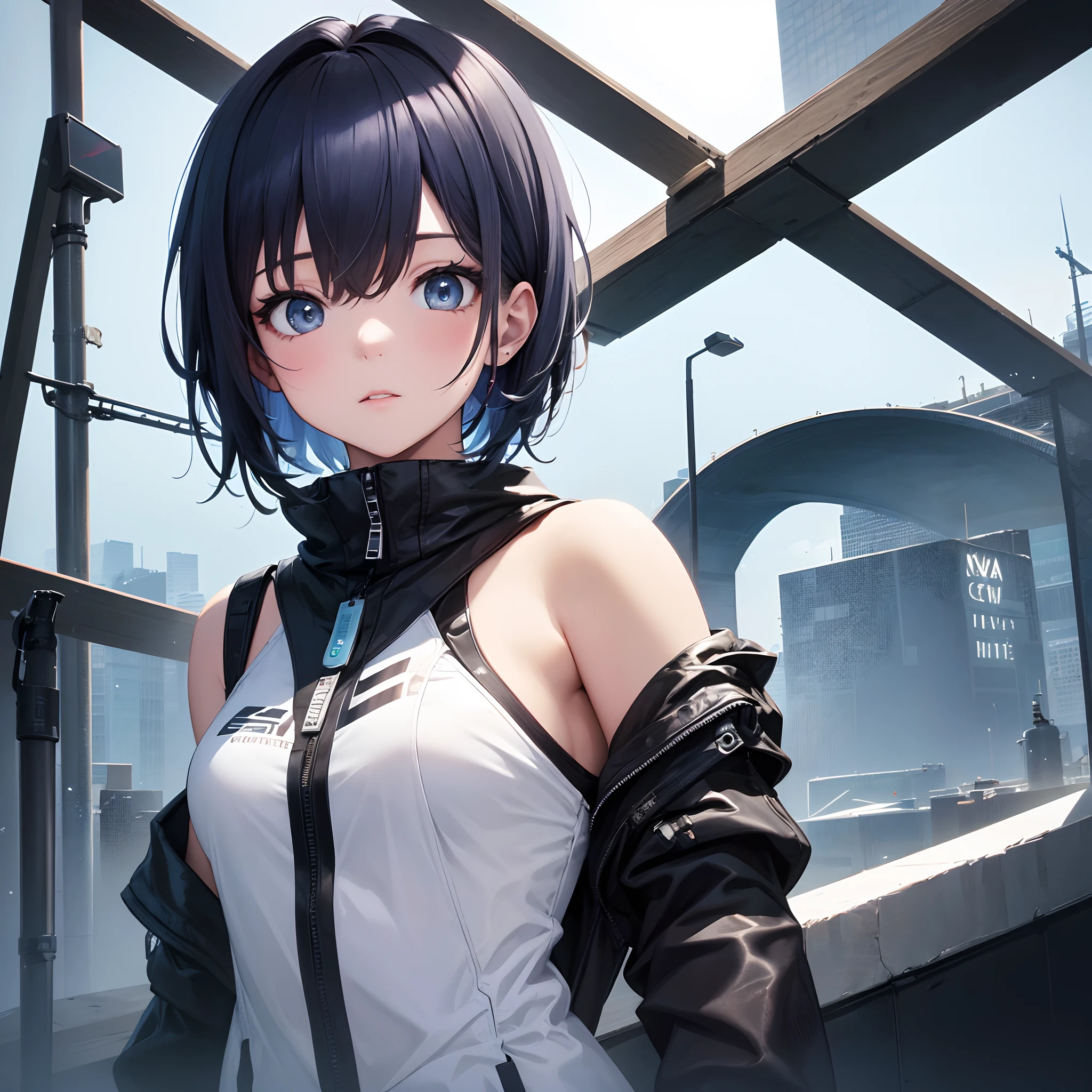 1girl, short gray hair, blue eyes, wearing sci-fi clothes,ask to follow, aquatic sci-fi, absurdres, high res, ultrasharp, 8K, masterpiece, looking at viewer