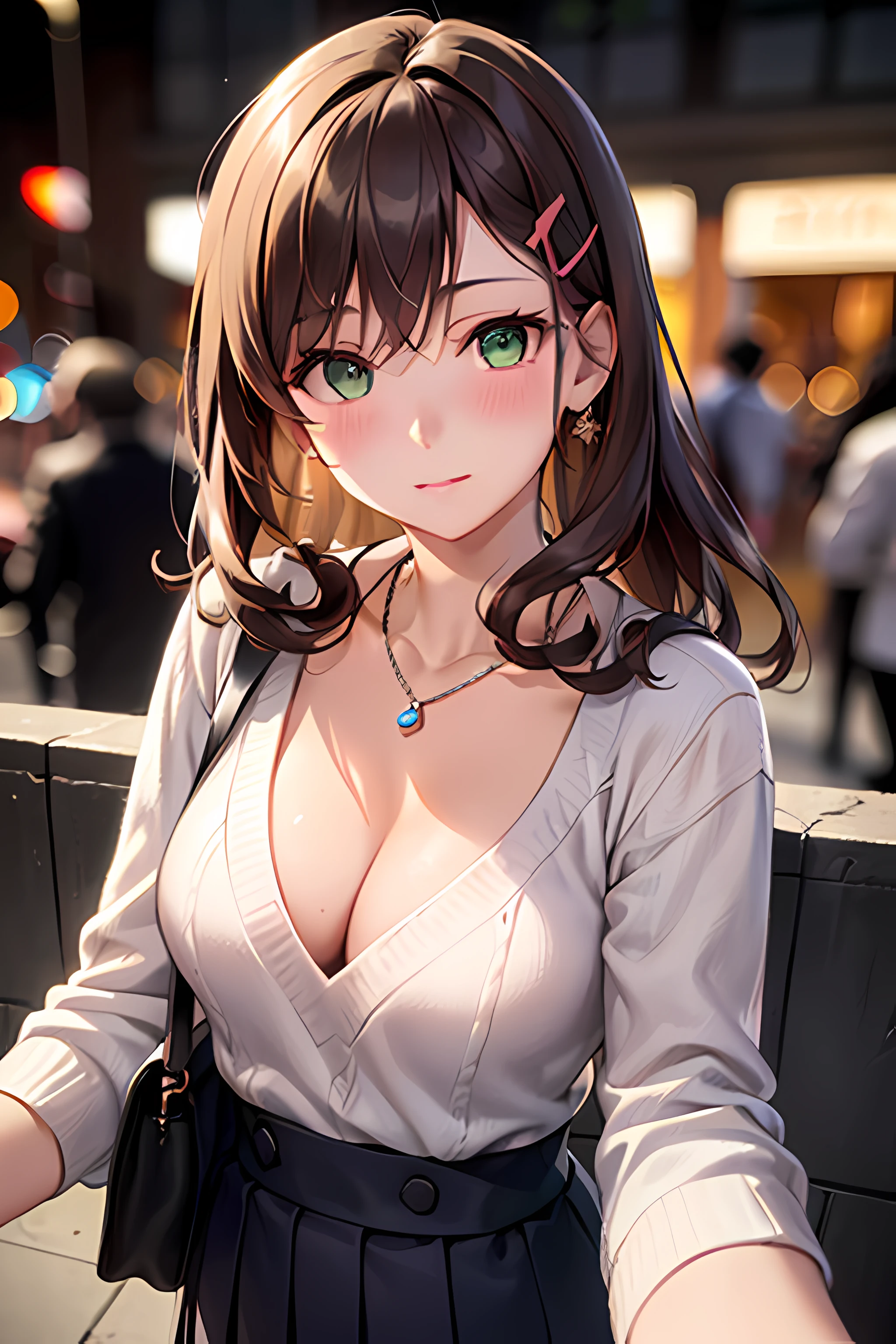 ((nsfw:1.5, masterpiece, best quality, highres, UHD, perfect pixel, depth of field, 4k, RTX, HDR))), 1girl, single, solo, beautiful anime girl, beautiful artstyle, anime character, 24 years old, ((long hair, bangs, dark brown hair, curly hair:1.2, hair pin)), ((detailed face, blushing:1.2)), ((green eyes:1.8, sparkling effect)), ((smooth texture:0.75, realistic texture:0.5, anime CG style)), ((medium breasts, cleavage)), dynamic angle, busty, perfect body, ((close up, POV, portrait, selfie)), ((white sweater, skirt, sliver necklace)), night, night lamp, bokeh:1.4, (outdoor, city buildings, crowd), (fashionable, handbag)