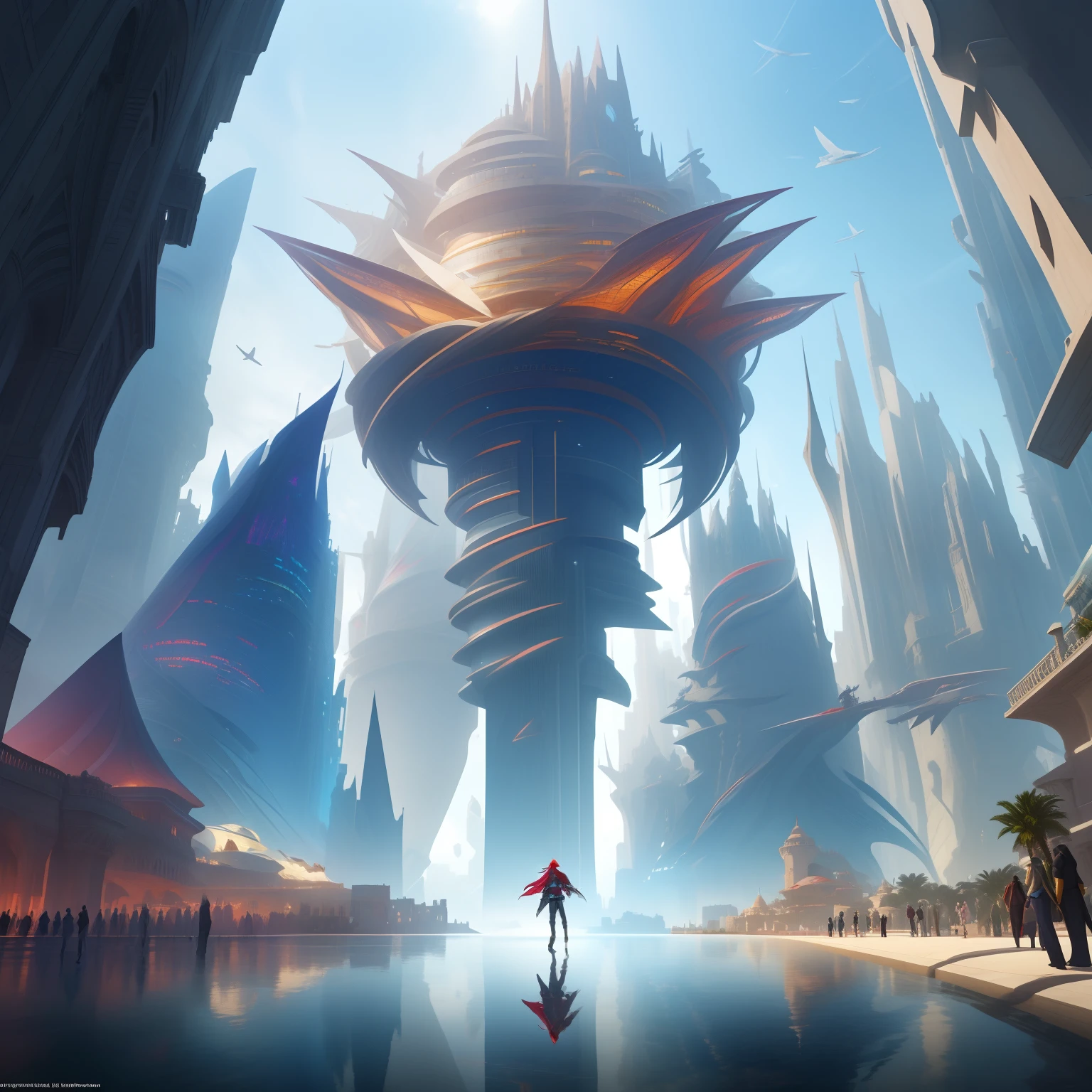 sidon style, city of progress, futuristic city, utopian world, shiny amazing colors, prosperous buildings, luxury clothes and architectural design, luxurious architecture, utopian future, highly detailed HDR, perfect, stunning progressive architecture, perfect world, reflective surfaces, underground scattering, perfect building, beyond imagination, 8K, global illumination, wide angle, divine rays, dream world