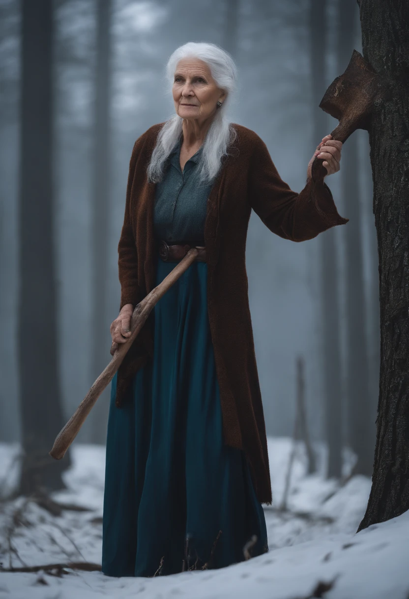 Old Woman feirce,holding an hatchet,Redloak,white hair,forest misty background,4K,Realism, realistic photograph, shallow dept of field