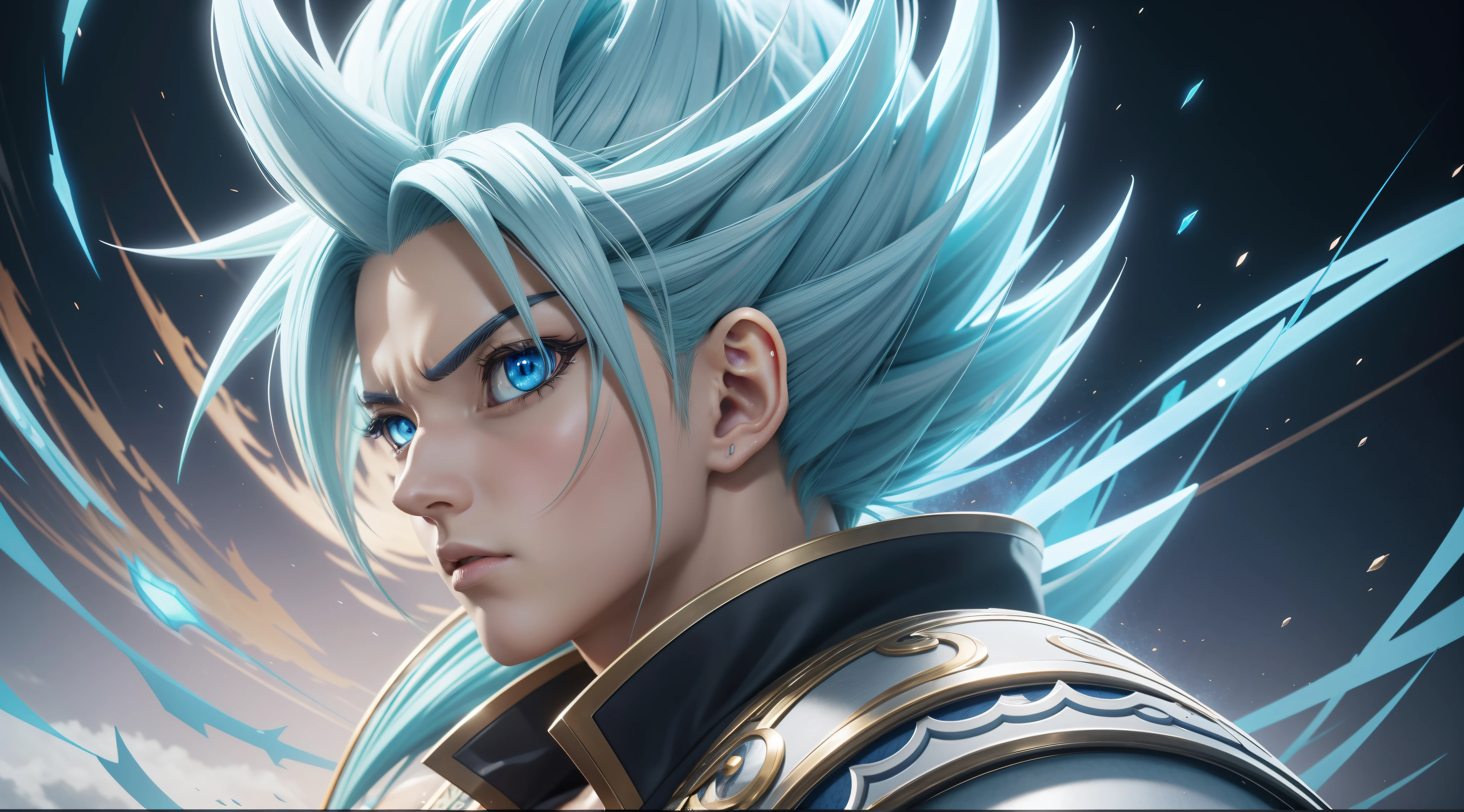 close-up of a guku with blue eyes, extreme instinct, detailed digital anime art, gliulian art style, detailed anime character art, badass anime 8k, art style trigger anime, advanced digital anime art, detailed fan art, epic anime style, wild pointed white saiyan hair, 8k detailed digital art, advanced anime digital art