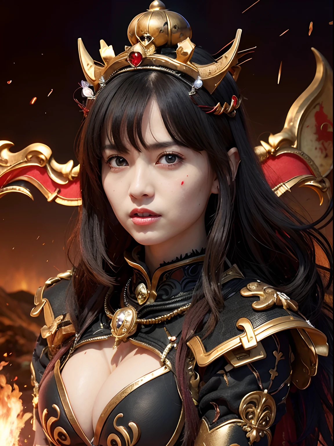 (Bleeding from the head), Professional , masterpiece、top-quality、photos realistic , depth of fields (Gemstone Black Metal Body:1.9),(Matte Black、Toostock、(cleavage of the breast)、((Random Hairstyles 1.6),Dark Fantasy,)explosions、intense fighting、Blood on the face,Blood Rain,Blood fog(blood splattere:1.2),Dragon Gold Weapon,Mystical expression、Particles of light、Fight dragons、(),Gorgeous Silver Weapons ,(( Dragon's dense and gorgeous sword)) ,,Detail and gorgeous crown、((Red hair))、(Castle background)、、((Gangle's forest background))、Beautiful Caucasian beauty、1a person、dynamic ungle,(((Detailed and ornate Black Devil Crown)))、Smaller head、A smile、Castle background、Thin and beautiful female hands、cleavage of the breast、Soldier in iron armor on background、Mystical expression、Light Effects、intense fighting、Wind-effect、magic circles、With the legendary magic wand、(demonic wings)、