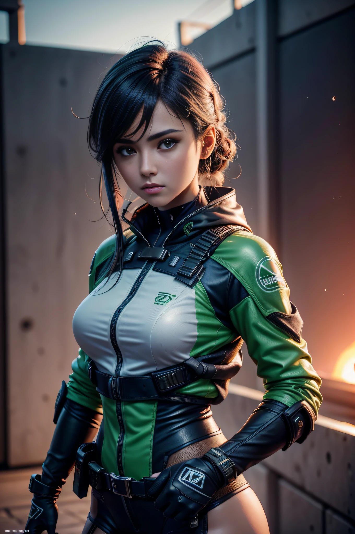 ((melhor qualidade)), ((tmasterpiece)), (um detalhado:1.4), ..3d, Belas imagens de mulheres cyberpunk,Vestindo jaqueta verde militar,cabelo escuro com mechas coloridas , detalhadas, HDR(HighDynamicRange),Traching de raias,NVIDIA RTX,Hyper-Resolution,irreal 5,sub surface scattering,Texturas PBR,Post-processing,anisotropic filtering,profundidade de campos,Maximum clarity and sharpness,Texturas de muitas camadas,Albedo e mapas Speculares,Surface Coloring,Precise simulation of light-material interactions,perfectly proportions,rendering by octane,dual-tone lighting,Ampla abertura,ISO baixo,White balance,tricotomia,Dados brutos 8K,tmasterpiece,melhor qualidade,(8k muito detalhado CG unidade wallpaper)(melhor qualidade),(best illustration),(Melhor sombra)Na cidade abandonada,futuro sombrio,AOL Bright Orange Sunset(:1. 6),texturas de pele realista , realistic skin coloring , muito detalhado , meigo , intimidador ao mesmo tempo , mulher forte ,