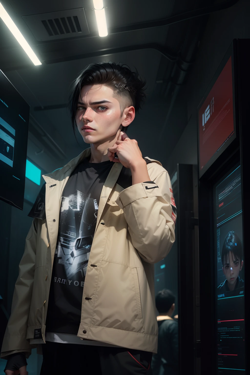 Leave the face as it is, don't change anything, make the face look like boys and make the background cyber.