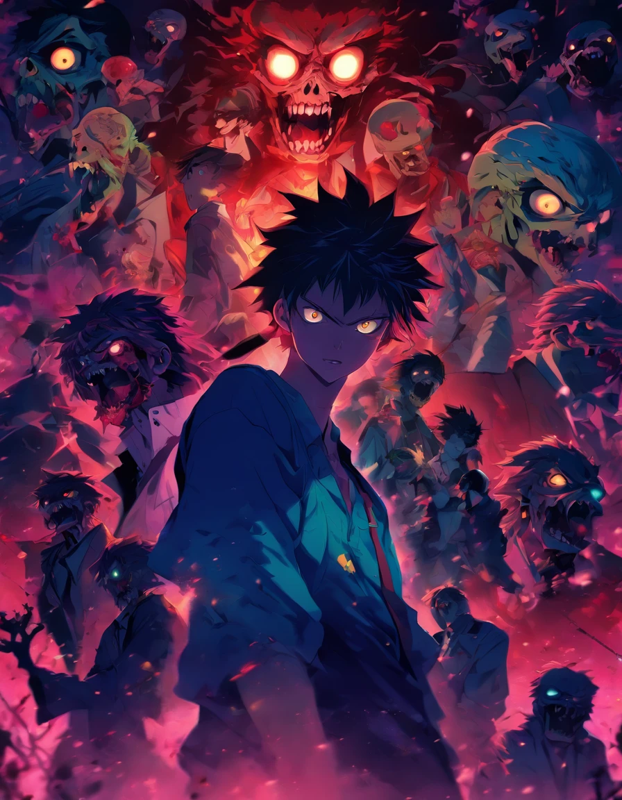 Manga zombie poster by Suzumiya Zo, A style with realistic chiaroscuro, Mysterious night scene, colorful animation stills, Contemporary Chinese art, cryptid academia, Exaggerated expressions, Missed in the blink of an eye