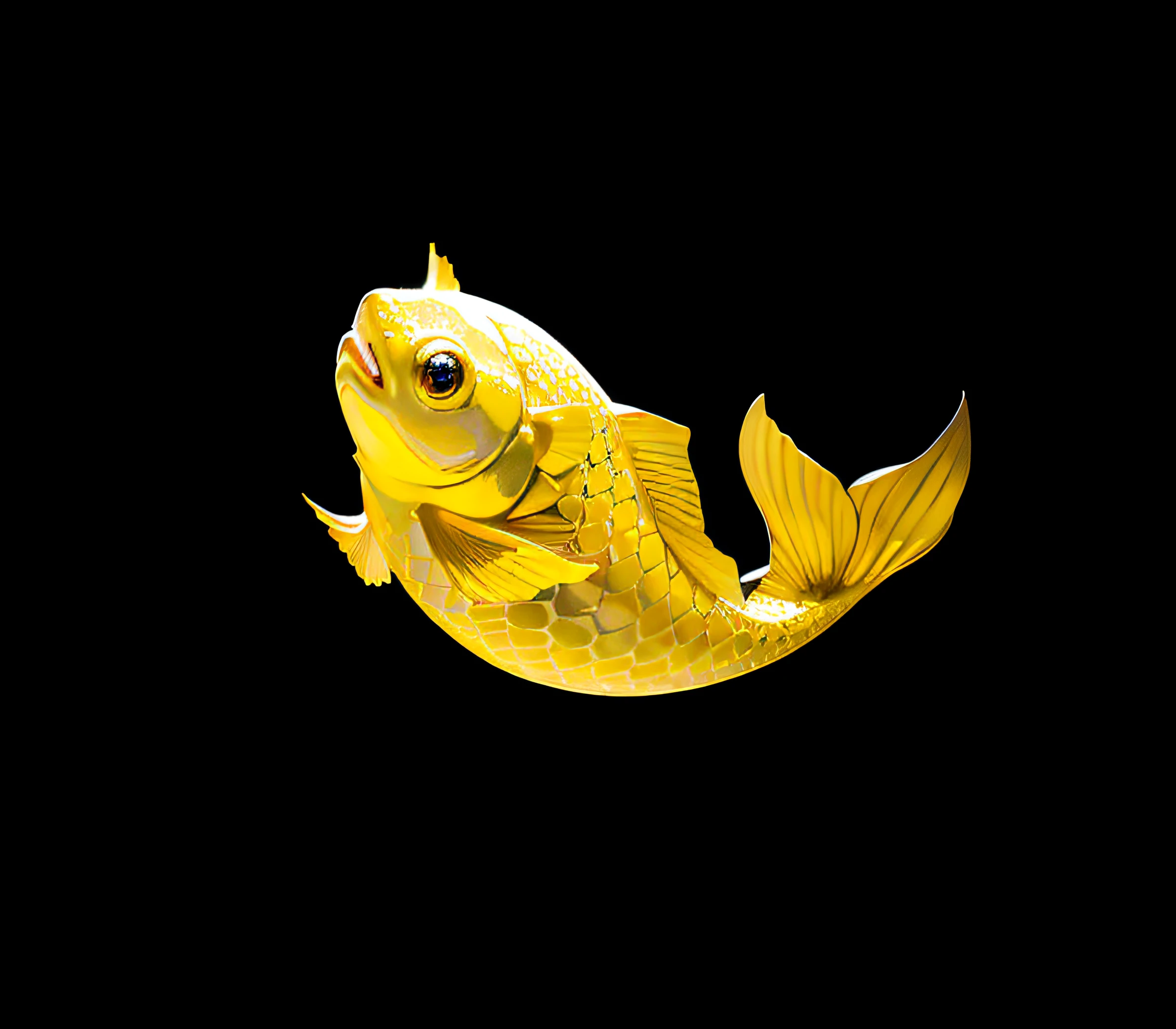 （A fish made of gold），Three-dimensional feeling，3d，Sense of volume，metals，vividness，jumpping，（with a pure white background），critters，solo