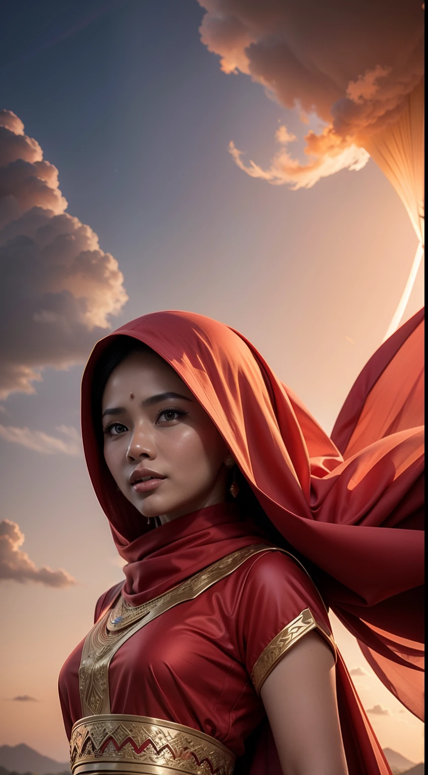 A malay women with red eyes, red long hijab, with a super cool fiery dress, sky background