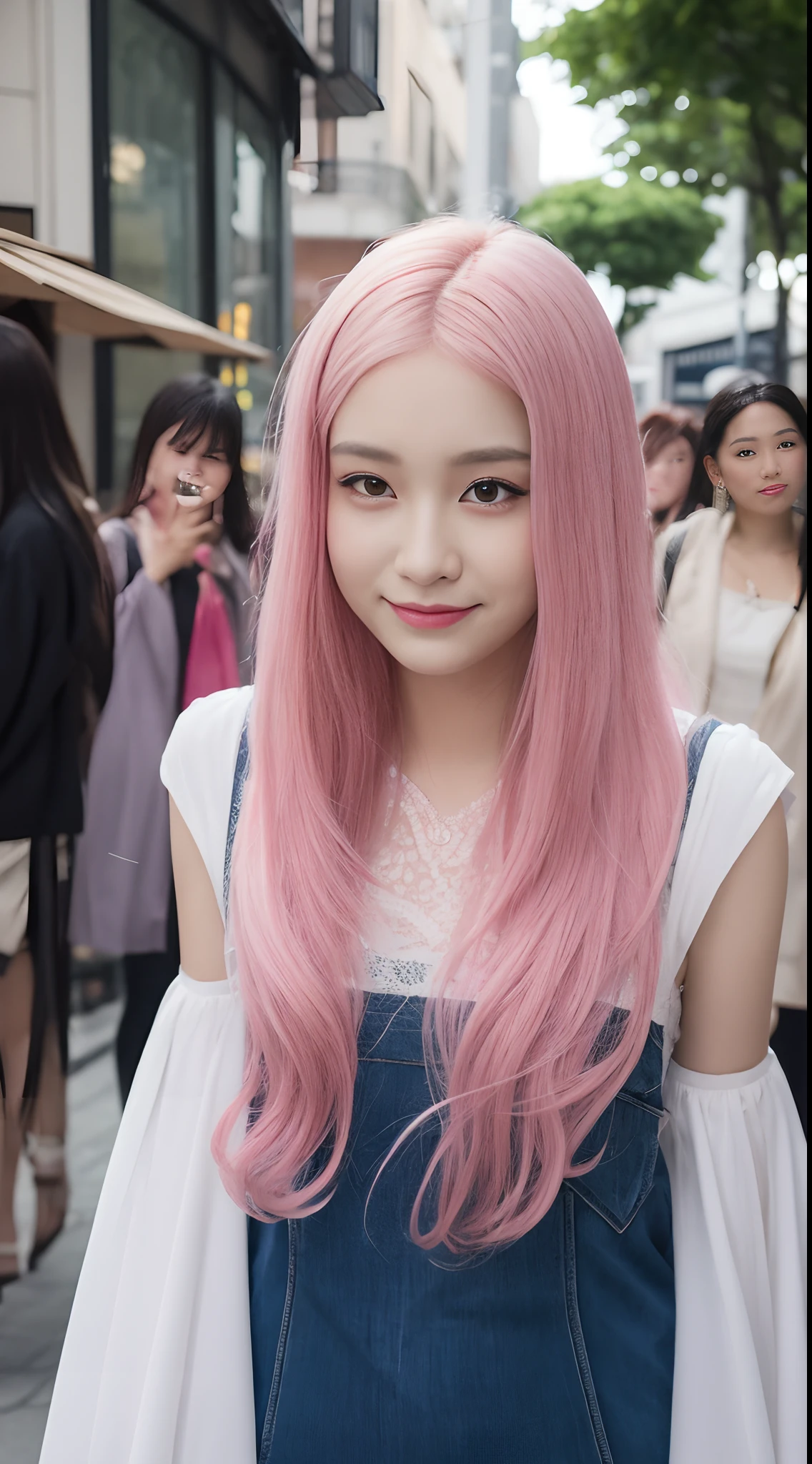 （（best qualtiy，8K，tmasterpiece：1.3））， 1girll， ssmile， full bodyesbian， Slim Faces， Beautiful woman， （Pink hair）， full length dress ：1.1， Super detailed face， Detailed eyes， 二重まぶた， blur backgroun， Slim Faces， 城市， do lado de fora， the street，