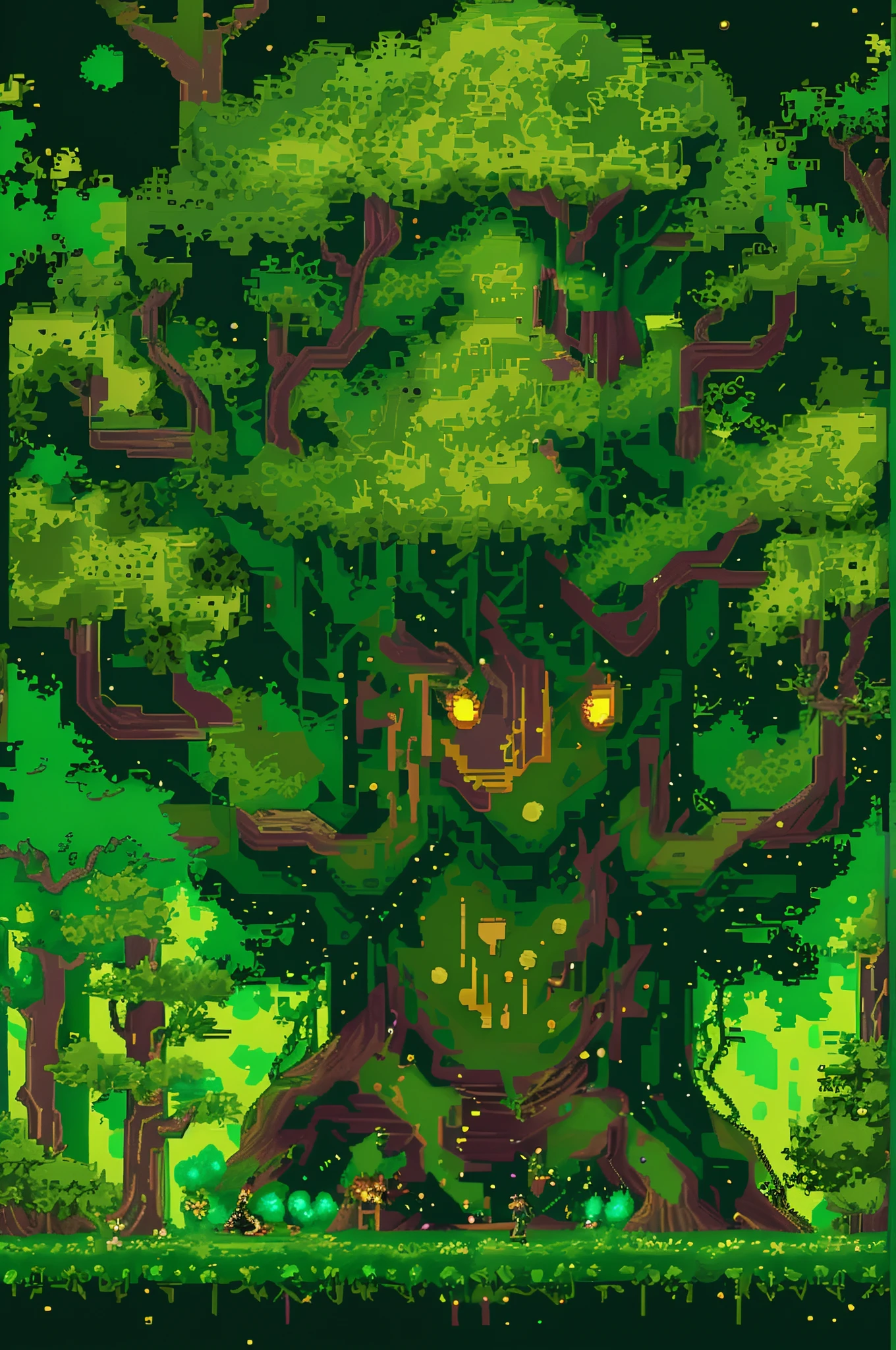 In a vibrant pixelated forest, a magical mage character casts spells to combat a colossal, pixelated tree golem. The forest is alive with animated foliage, and the golem is adorned with moss and vines. The scene exudes an aura of mystical wonder. Pixel Art, 32-bit style with particle effects