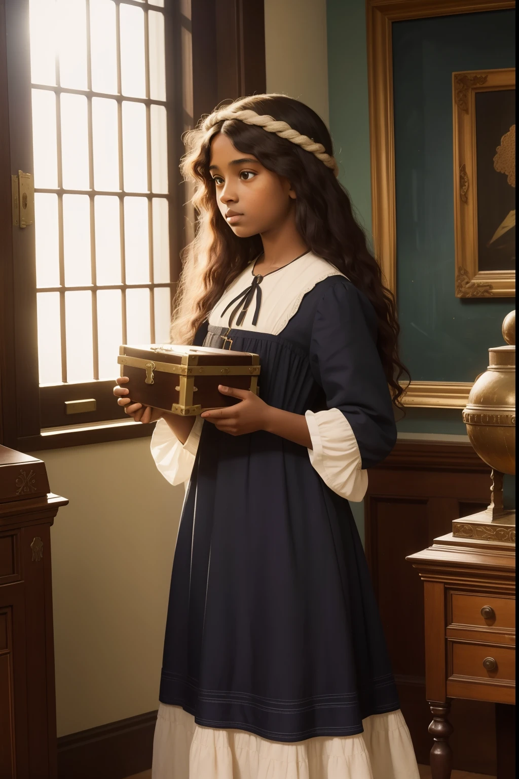 pre-raphaelite scene of a -yeld mi-black girl exploring a museum room and opening an mysterious treasure chest with wonder, 1911 dress fashion