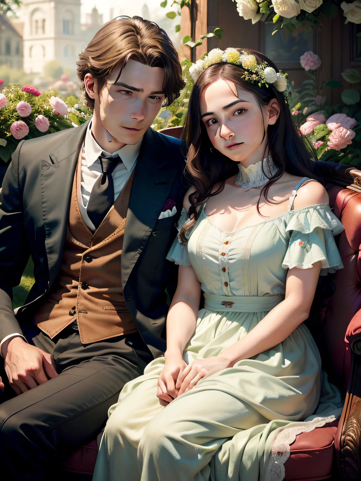 a young couple sitting close to each other, looking front, in a flourish garden, a lot of flowers and antique furnitures surrounding, natural skin texture, hyper realism soft light, close up portrait photo by Annie Leibovitz, film, studio lighting, detailed skin, ultra realistic, bokeh, sharp feature
