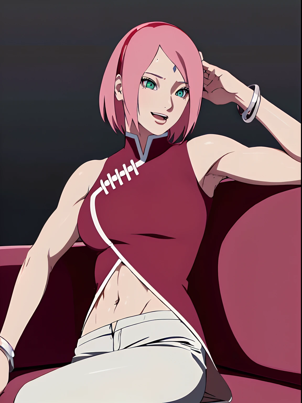 masterpiece, 4k, portrait, cowboy shot, (night, moon background), professional artwork, intricate details, colorful, digital blending, (ultra detailed body, ultra detail hair, ultra detail face), trending on pixiv, kind smile, best quality, anime style: 1.9, 1girl, hires, haruno sakura, (forehead mark, milf, red hairband, pale skin, (small breasts), short hair, ((red sleeveless dress,), white pants), (navel, belly button, slender body, slender belly, bracelet, pink hair, (open mouth), big eyes), smile, beach, wind, floating hair, detailed arms, off-shoulders, broad shoulders, (little muscular arms, little strong biceps), fancy couch, relaxing, (armpit leaning against couch, laying, talking, looking at the viewer, (talking , milf, 30 years old woman, hand supporting head))