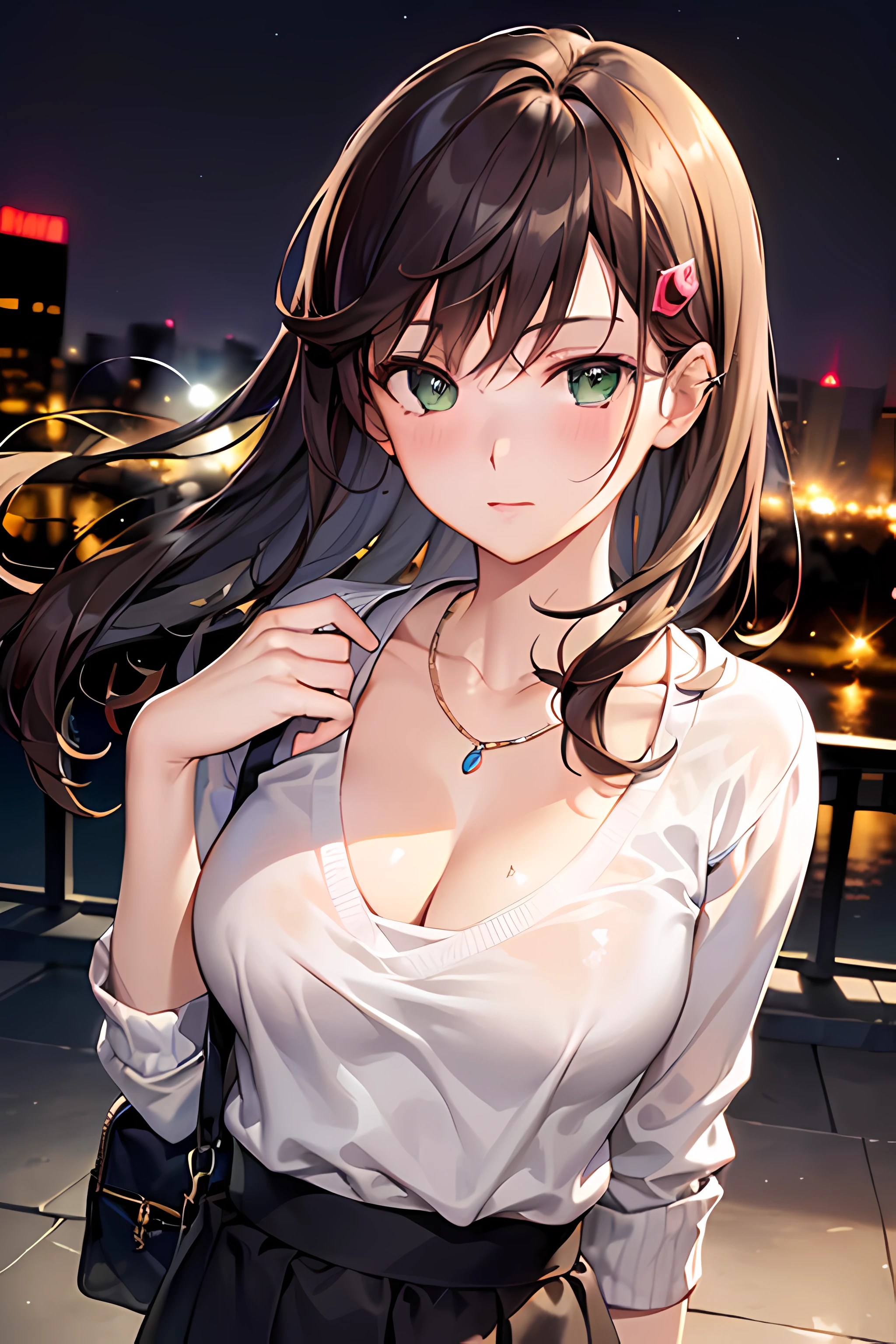 ((masterpiece, best quality, highres, UHD, perfect pixel, depth of field, 4k, RTX, HDR))), 1girl, single, solo, beautiful anime girl, beautiful artstyle, anime character, 24 years old, ((long hair, bangs, dark brown hair, curly hair:1.2, hair pin)), ((detailed face, blushing:1.2)), ((green eyes:1.8, sparkling effect)), ((smooth texture:0.75, realistic texture:0.5, anime CG style)), ((medium breasts, cleavage)), dynamic angle, busty, perfect body, ((close up, POV, portrait)), ((white sweater, skirt, sliver necklace)), night, night lamp, bokeh:1.4, (outdoor, city buildings, crowd), (fashionable, handbag)