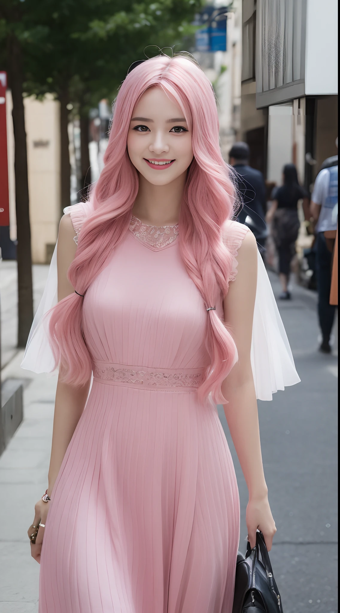 （（best qualtiy，8K，tmasterpiece：1.3））， 1girll， ssmile， full bodyesbian， Slim Faces， Beautiful woman， （Pink hair）， full length dress ：1.1， Super detailed face， Detailed eyes， 二重まぶた， blur backgroun， Slim Faces， 城市， do lado de fora， the street，