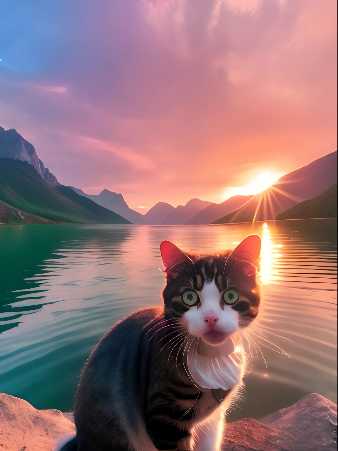 Photo of a cat sitting in the middle of a lake against the background of mountains、Christopher、Balasca、Whole pink、the setting sun