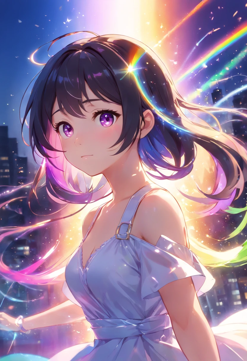 extremely detailed CG unity 16k wallpaper:1.1), (Denoising strength: 1.45), (tmasterpiece:1.37), watercolor, extremely detailed, 1girl, full body, beautiful detailed eyes, cute anime face, full body, beautiful detailed face, (Botanical illustration:1.5), white dress, god rays, sparkle, glowing light, masterpiece, best quality, big boobs, glitchy, computer, dynamic pose, cyber, black hair, harajuku charms, harajuku style, purple eyes, plaster on nose, (((rainbow)))