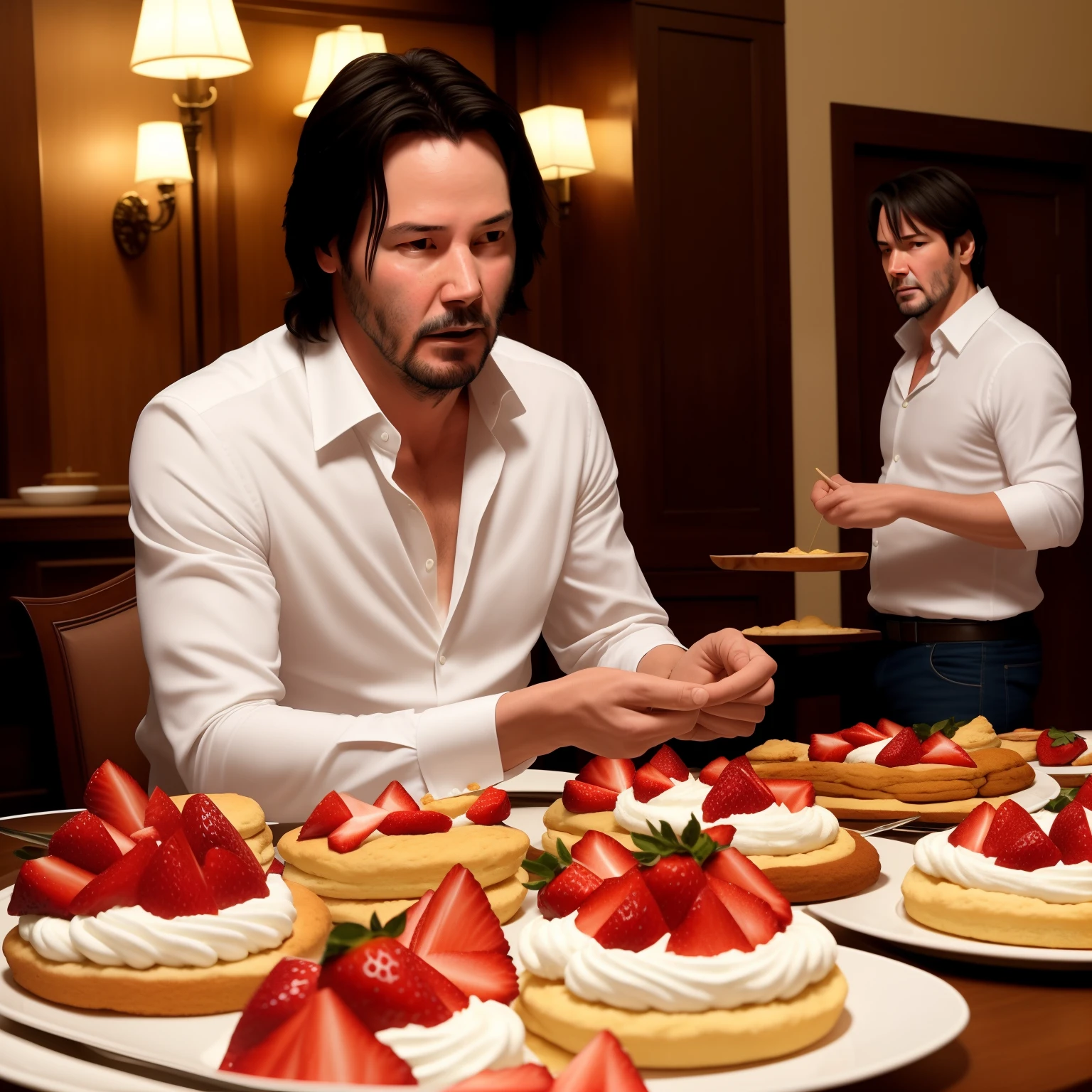 masterpiece, top quality, very delicate and beautiful, Keanu Reeves eats shortcake