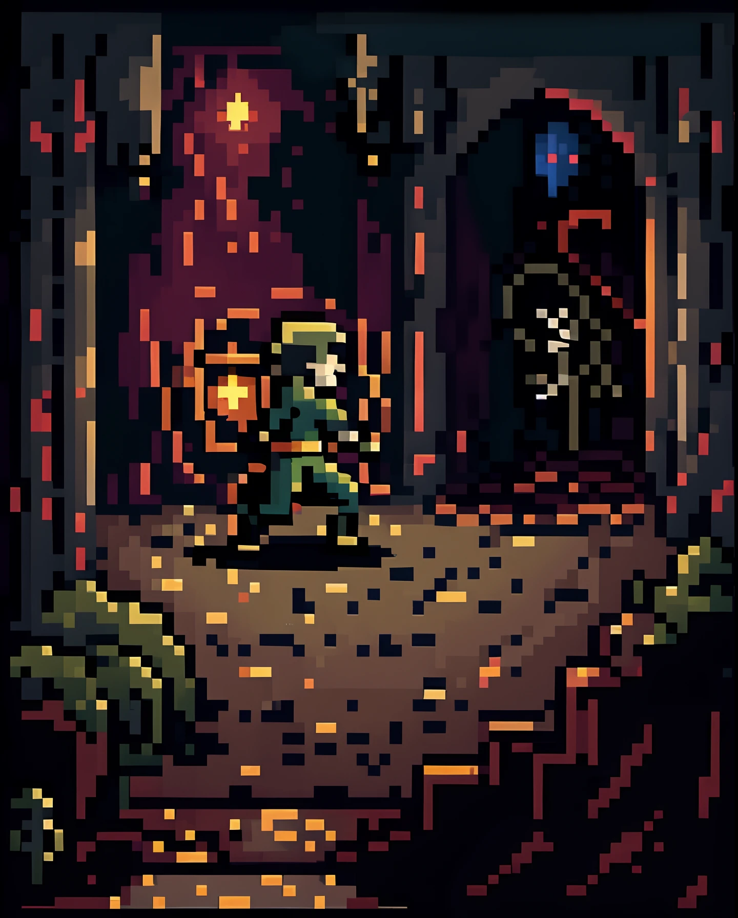 Within the depths of a pixelated dungeon, an agile rogue character engages in a swift duel with a monstrous, pixelated spider. The dungeon is dimly lit, and the spider's lair is covered in cobwebs, creating an eerie atmosphere. Pixel Art, 16-bit style with dynamic lighting