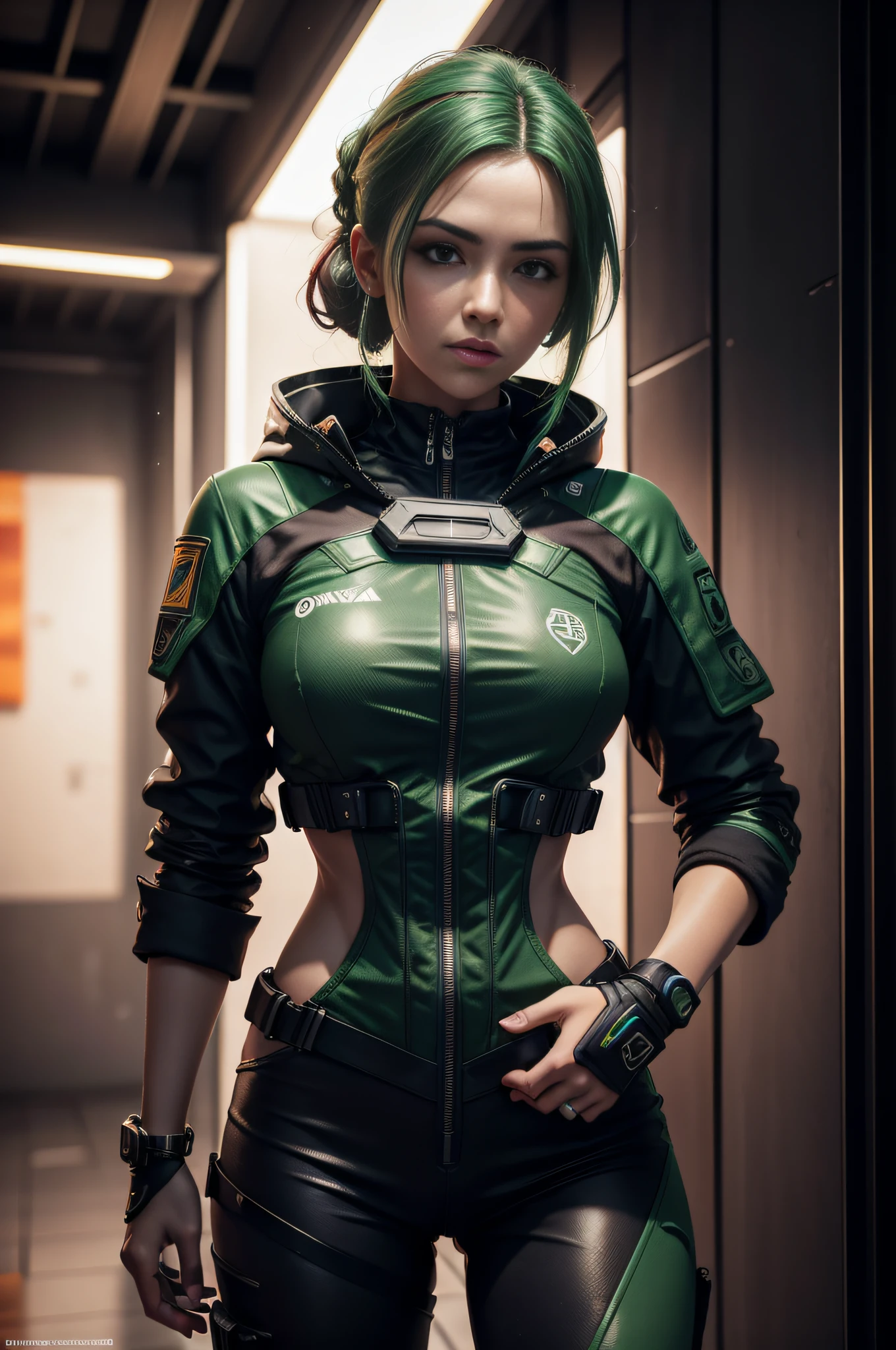 ((melhor qualidade)), ((tmasterpiece)), (um detalhado:1.4), ..3d, Belas imagens de mulheres cyberpunk,Vestindo jaqueta verde militar,cabelo escuro com mechas coloridas , detalhadas, HDR(HighDynamicRange),Traching de raias,NVIDIA RTX,Hyper-Resolution,irreal 5,sub surface scattering,Texturas PBR,Post-processing,anisotropic filtering,profundidade de campos,Maximum clarity and sharpness,Texturas de muitas camadas,Albedo e mapas Speculares,Surface Coloring,Precise simulation of light-material interactions,perfectly proportions,rendering by octane,dual-tone lighting,Ampla abertura,ISO baixo,White balance,tricotomia,Dados brutos 8K,tmasterpiece,melhor qualidade,(8k muito detalhado CG unidade wallpaper)(melhor qualidade),(best illustration),(Melhor sombra)Na cidade abandonada,futuro sombrio,AOL Bright Orange Sunset(:1. 6),texturas de pele realista , realistic skin coloring , muito detalhado , meigo , intimidador ao mesmo tempo , mulher forte ,