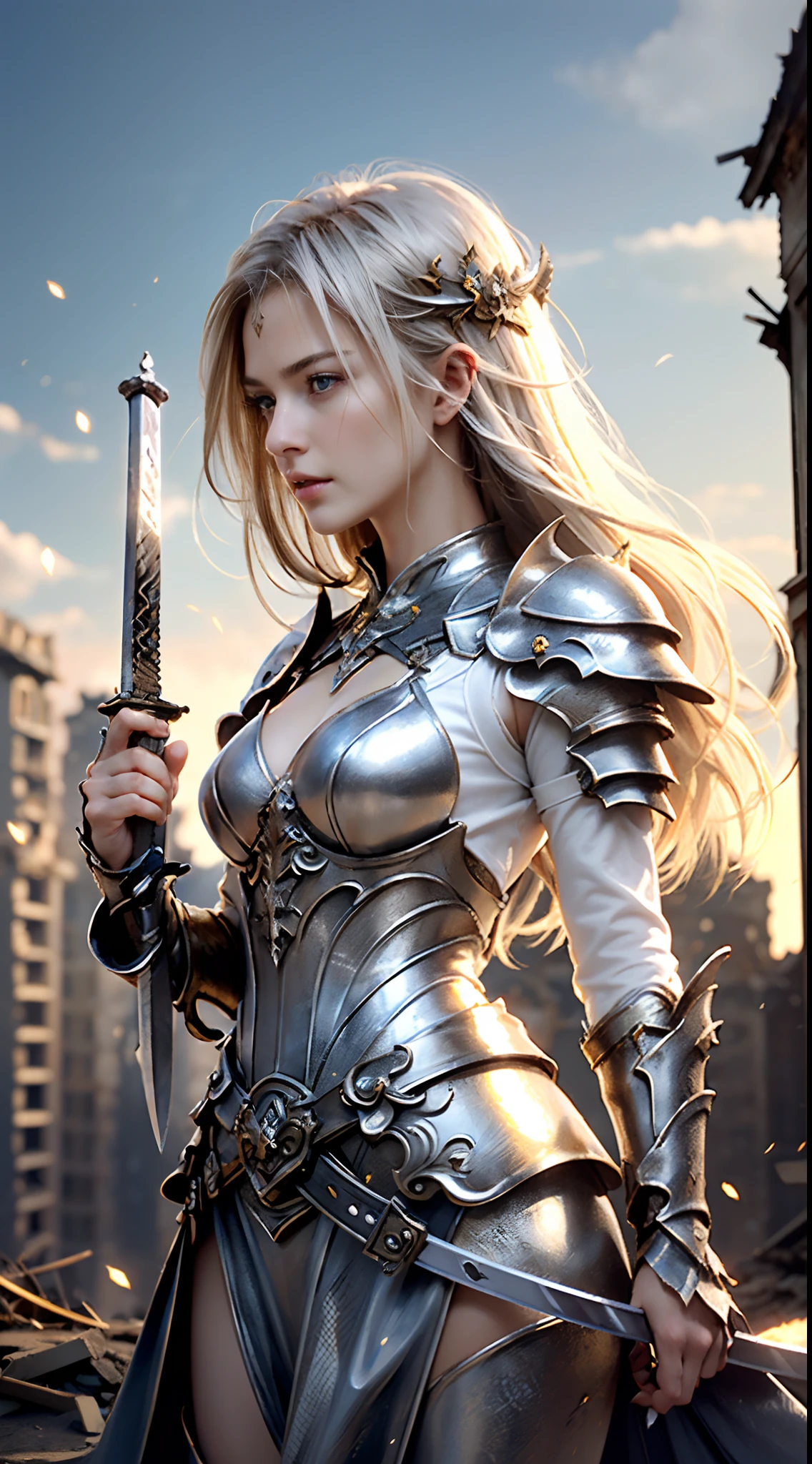 ((Two women, standing on ruined buildings, close-up, realistic)) realistic visuals, artistic refinement, captivating beauty, dramatic contrasts, 8k wallpapers, absurdity, incredible absurdity, golden armor, gadaxintai gaodanvshen, (holding silver sword)), hair floating in the air, ((in battle)), ((best quality: 1.5))