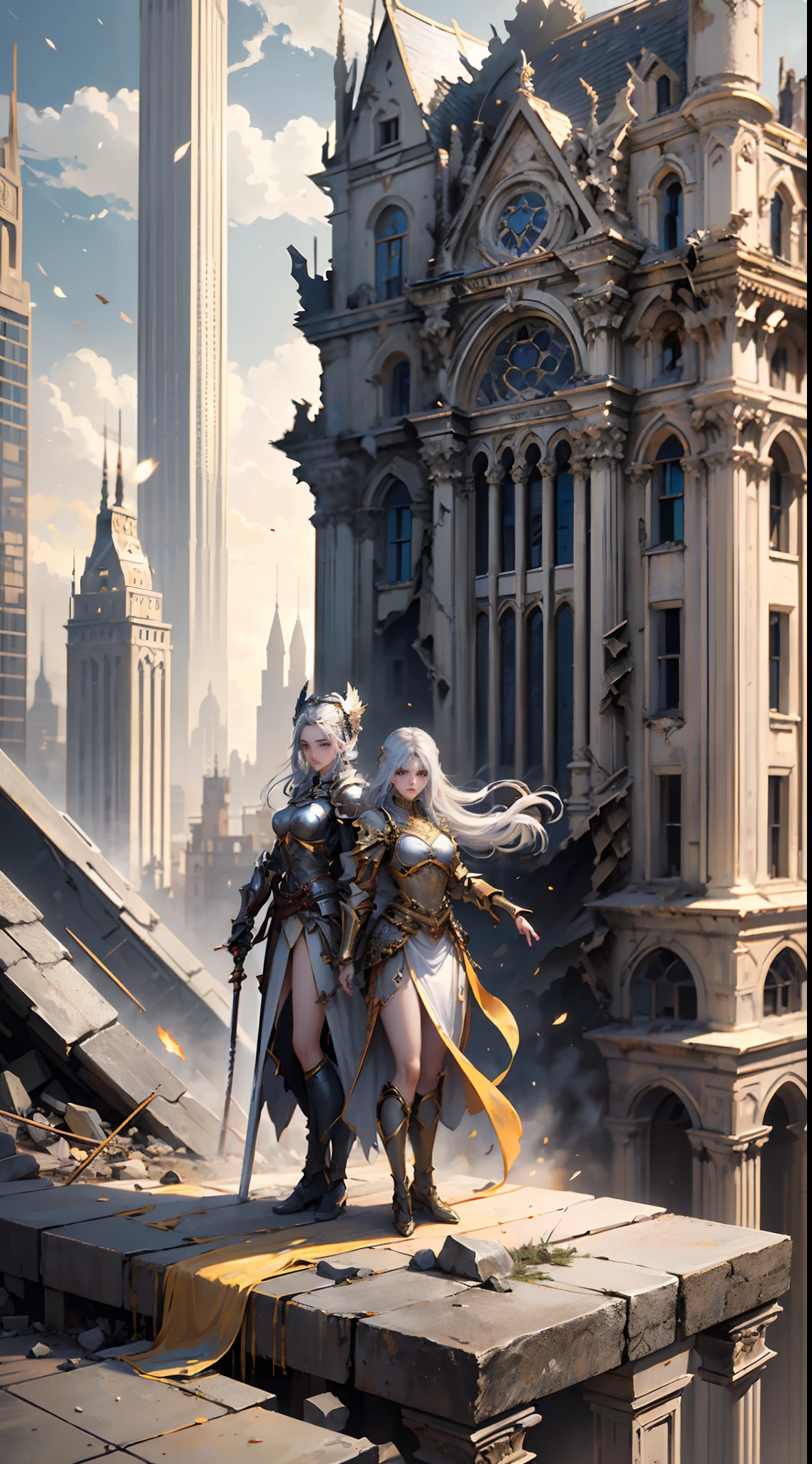 ((Two women, standing on ruined buildings, close-up, realistic)) realistic visuals, artistic refinement, captivating beauty, dramatic contrasts, 8k wallpapers, absurdity, incredible absurdity, golden armor, gadaxintai gaodanvshen, (holding silver sword)), hair floating in the air, ((in battle)), ((best quality: 1.5))