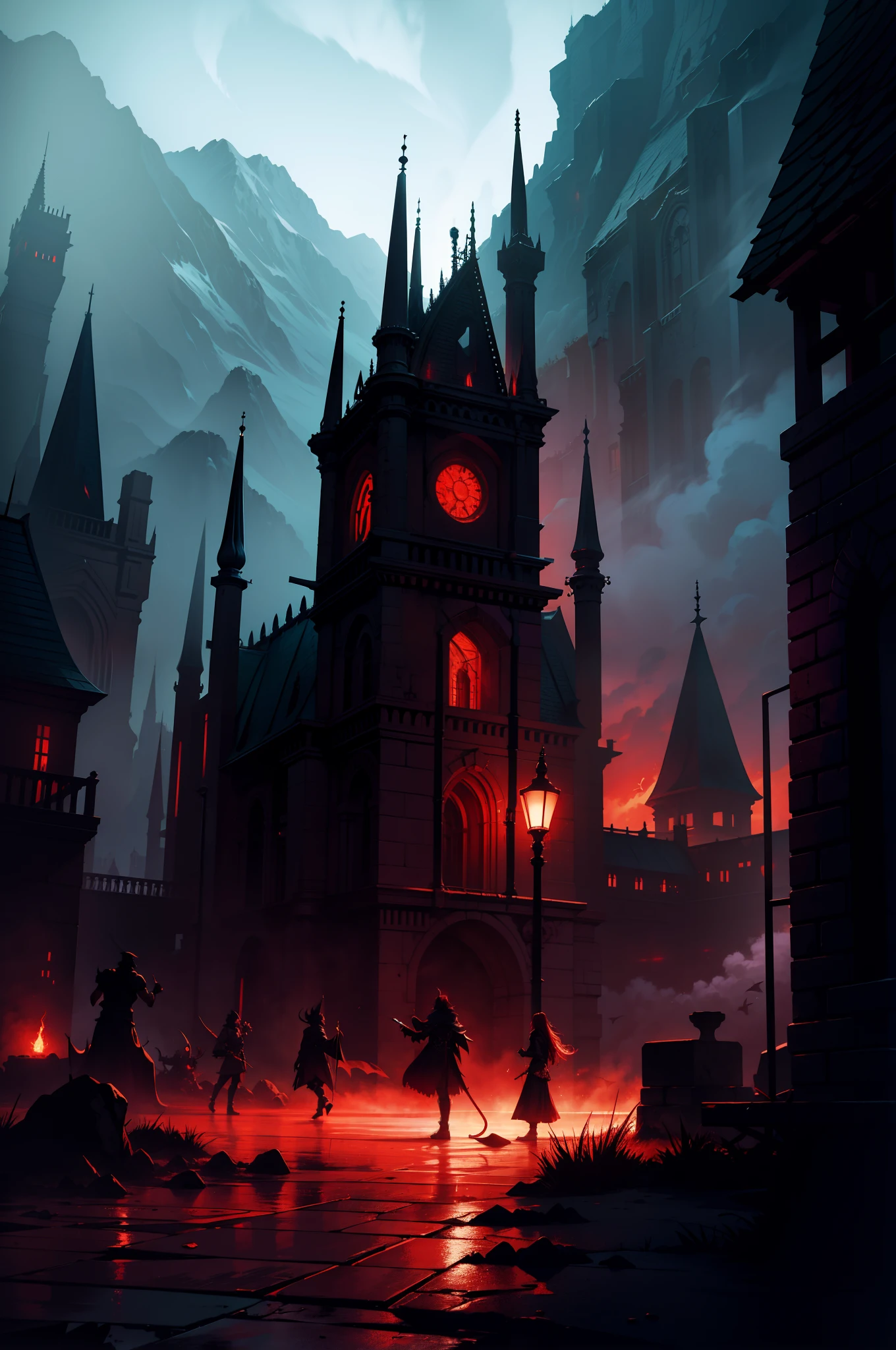 Magicians vs. demons,Night environment,red colour,Fantasy style