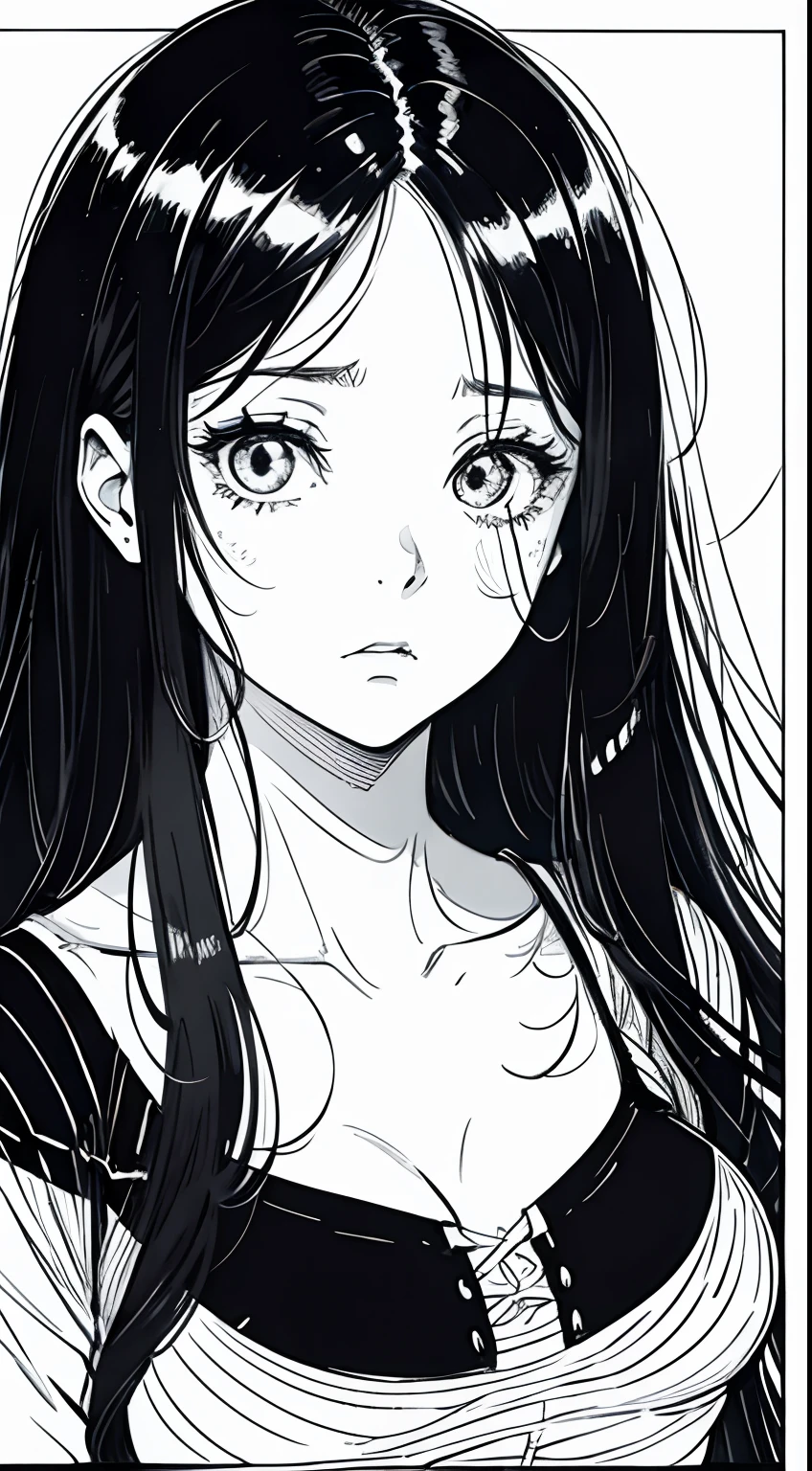 A black and white drawing of a woman with long hair - SeaArt AI