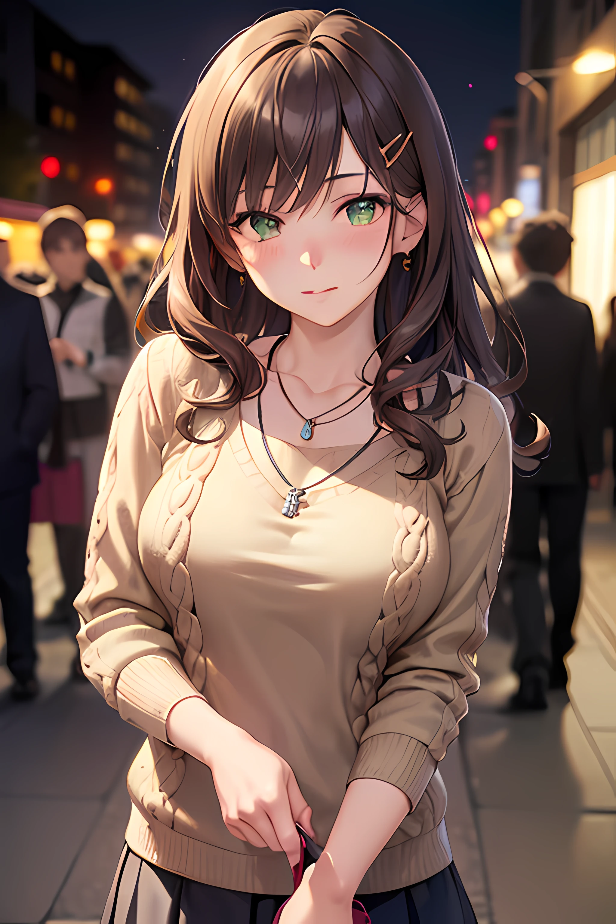 ((masterpiece, best quality, highres, UHD, perfect pixel, depth of field, 4k, RTX, HDR))), 1girl, single, solo, beautiful anime girl, beautiful artstyle, anime character, 24 years old, ((long hair, bangs, dark brown hair, curly hair:1.2, hair pin)), ((detailed face, blushing:1.2)), ((green eyes:1.8, sparkling effect, detailed eyelashes)), ((smooth texture:0.75, realistic texture:0.5, anime CG style)), ((medium breasts, cleavage:0.7)), dynamic angle, busty, perfect body, ((close up, POV, portrait)), ((white sweater, skirt:1.5, sliver necklace)), night, night lamp, bokeh:1.4, (outdoor, city buildings, crowd), (fashionable, handbag)